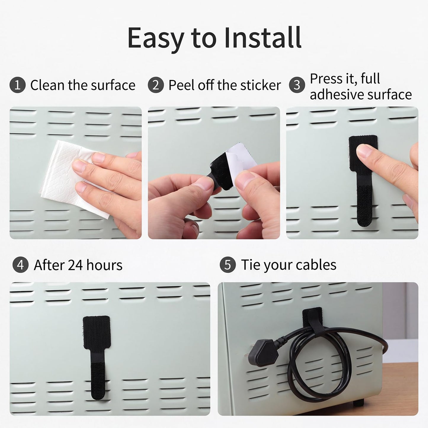 100PCS Cable Management Under Desk, Hook and Loop Cable Straps Self Adhesive Cable Organizer, Reusable Cable Ties for Cords Home Office TV Computer Car Wire Organizer, Black