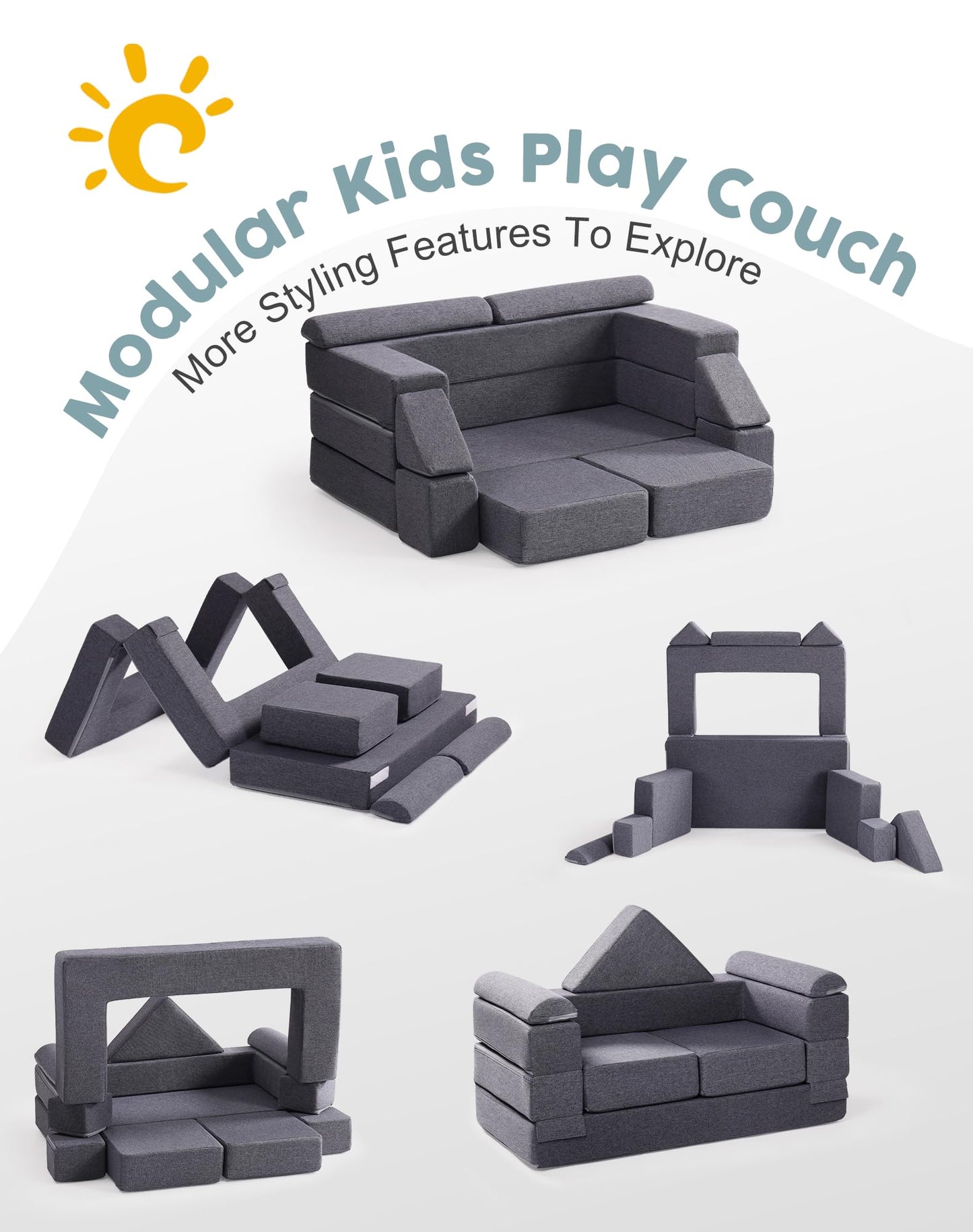 ROBUD Kids Couch, Gray Modular Kids Play Couch, DIY-Style & Washable Toddler Sofa for Playroom, Bedroom, Nursery, WG412