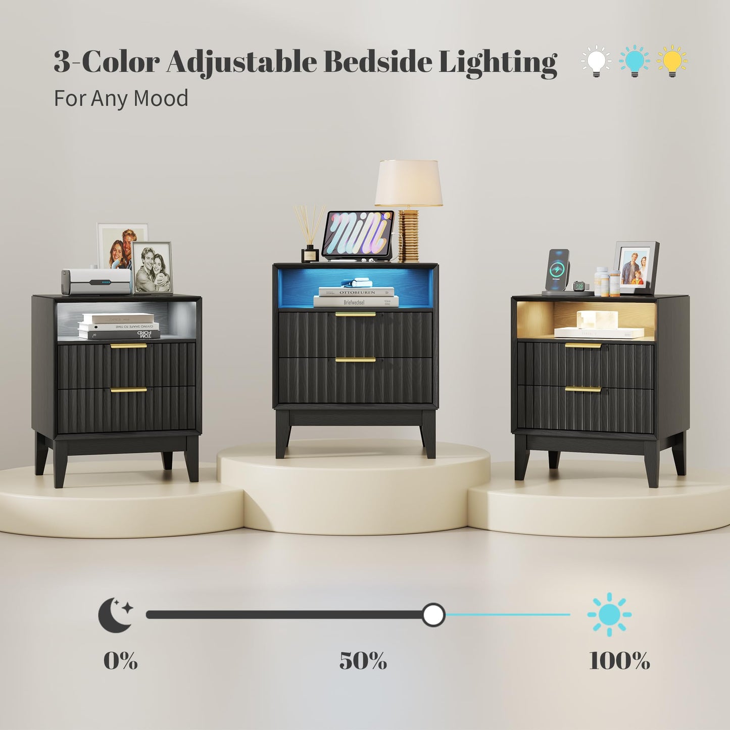 LVSOMT 20'W Fluted Nightstand Set of 2, Night Stand with Charging Station and LED Lights, RFID Lock Hidden Drawer, Mid Century Modern Bedside Table for Bedroom, 2 Drawers and Open Storage Cubby, Black