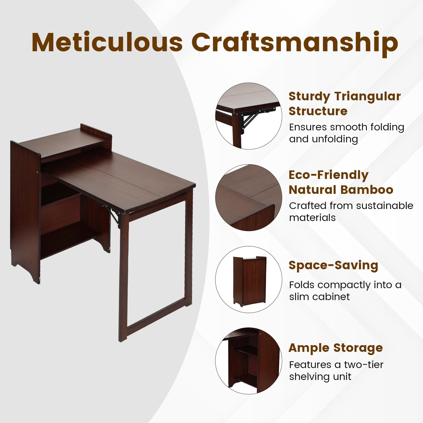 METALBEE Bamboo Folding Desk with Storage, Mid Century Fold Out Table, Space Saving Foldable Desk for Small Spaces, Multi-Functional Computer Desk for Home Office, Bedroom, Apartment & Dorm