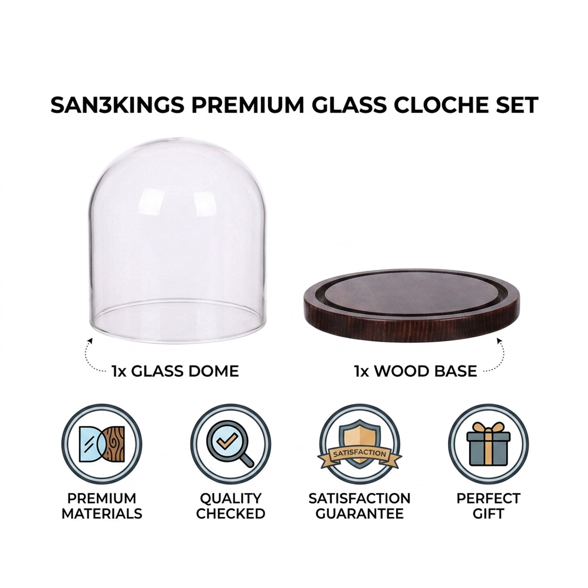SAN3Kings Glass Cloche Bell Jar Display Dome with Brown Wooden Base, 6x7 Inch Clear Glass Display Case with Wood Stand for Home Decor, Plants, Succulents, Collectibles, Preserved Flowers, Centerpieces