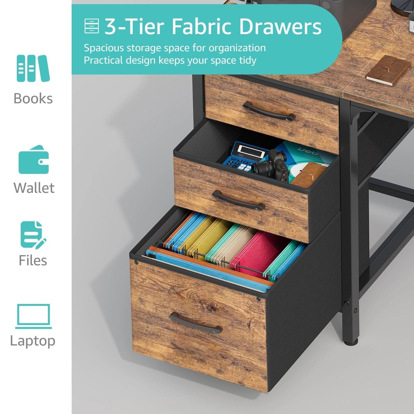 Lufeiya Computer Desk with Fabric File Drawers Cabinet, 55 Inch Reversible Home Office Desks with Filing Cabinet for Small Space, Study Writing Table PC Desks with Storage for Bedroom, Rustic Brown