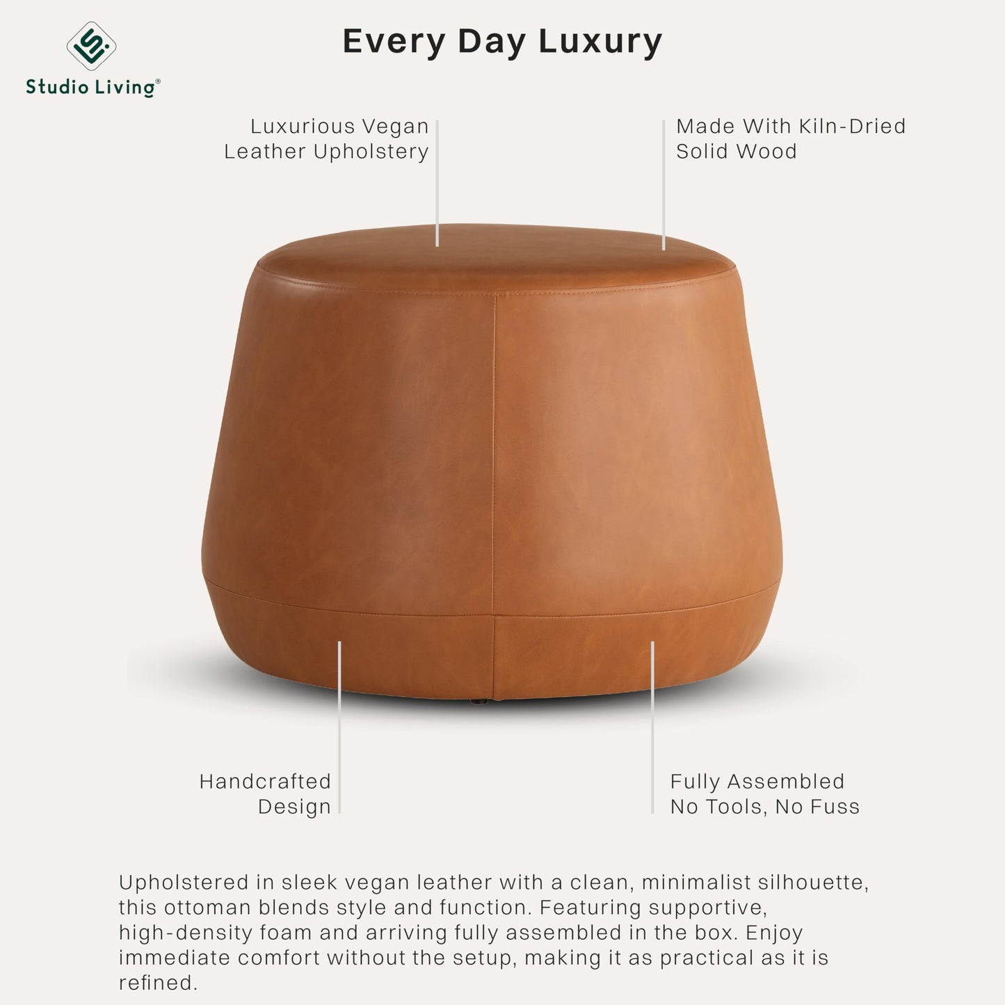 Studio Living Waverly 24" Thimble Ottoman, Urban Transitional, Fully Assembled, Vegan Leather Fabric, Carmel