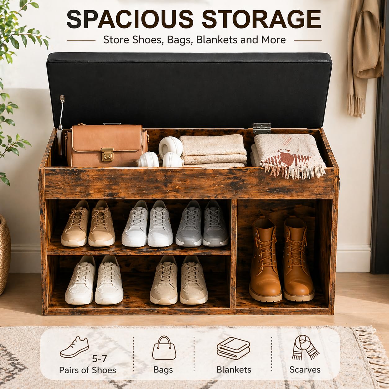 HOOBRO Shoe Storage Bench with Cushion, 32.3'' Entryway Bench with Lift Top Hidden Storage and Adjustable Shelves, Wooden Shoe Rack Bench for Entryway Bedroom, Rustic Brown and Black BF40HX01