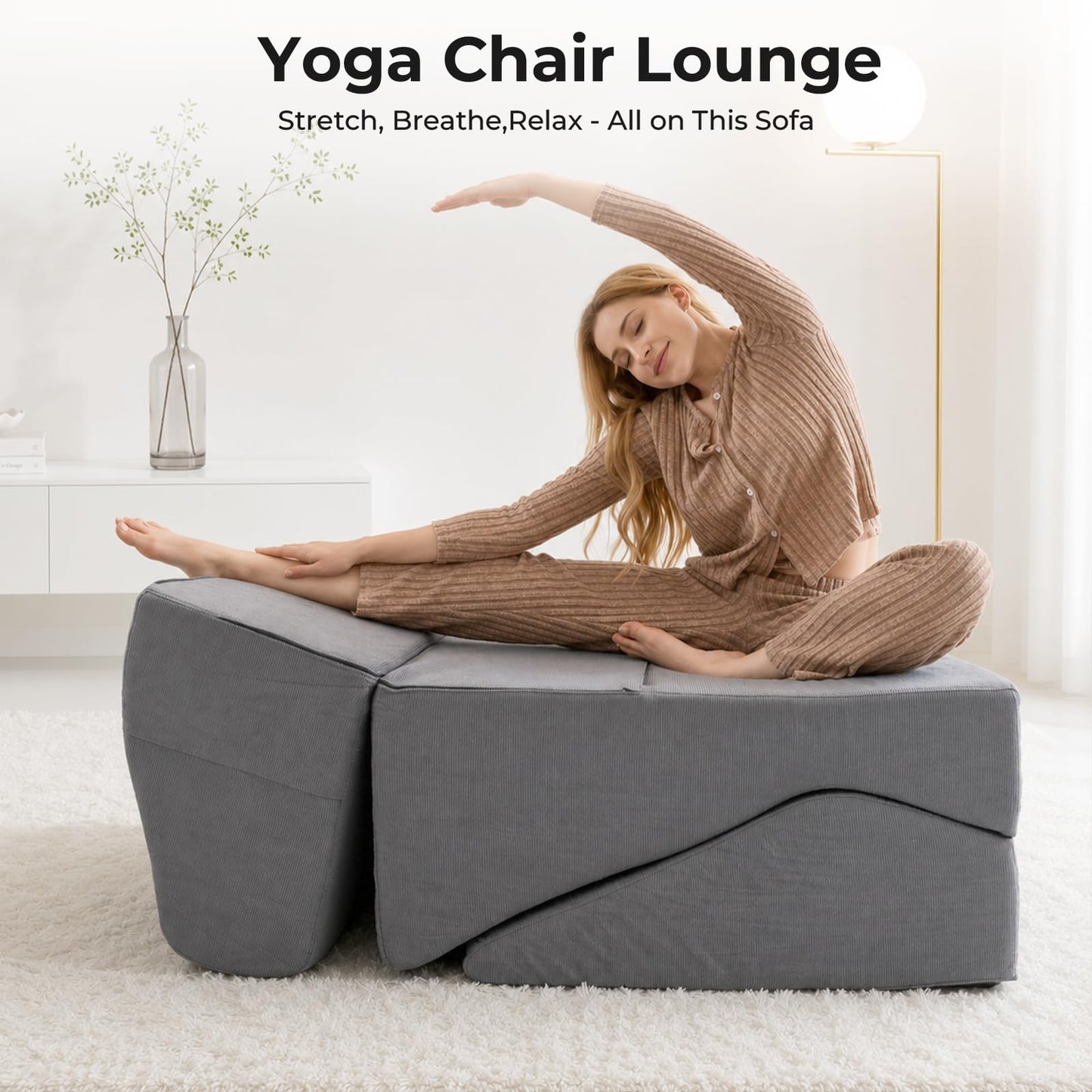 Yoga Chaise Lounge Chair Indoor for Adults, 3-in-1 Convertible Corduroy Boneless Sofa Bed, Zero Gravity Curved Design with Supportive Foam, No Assembly Required for Bedroom Living Room Reading