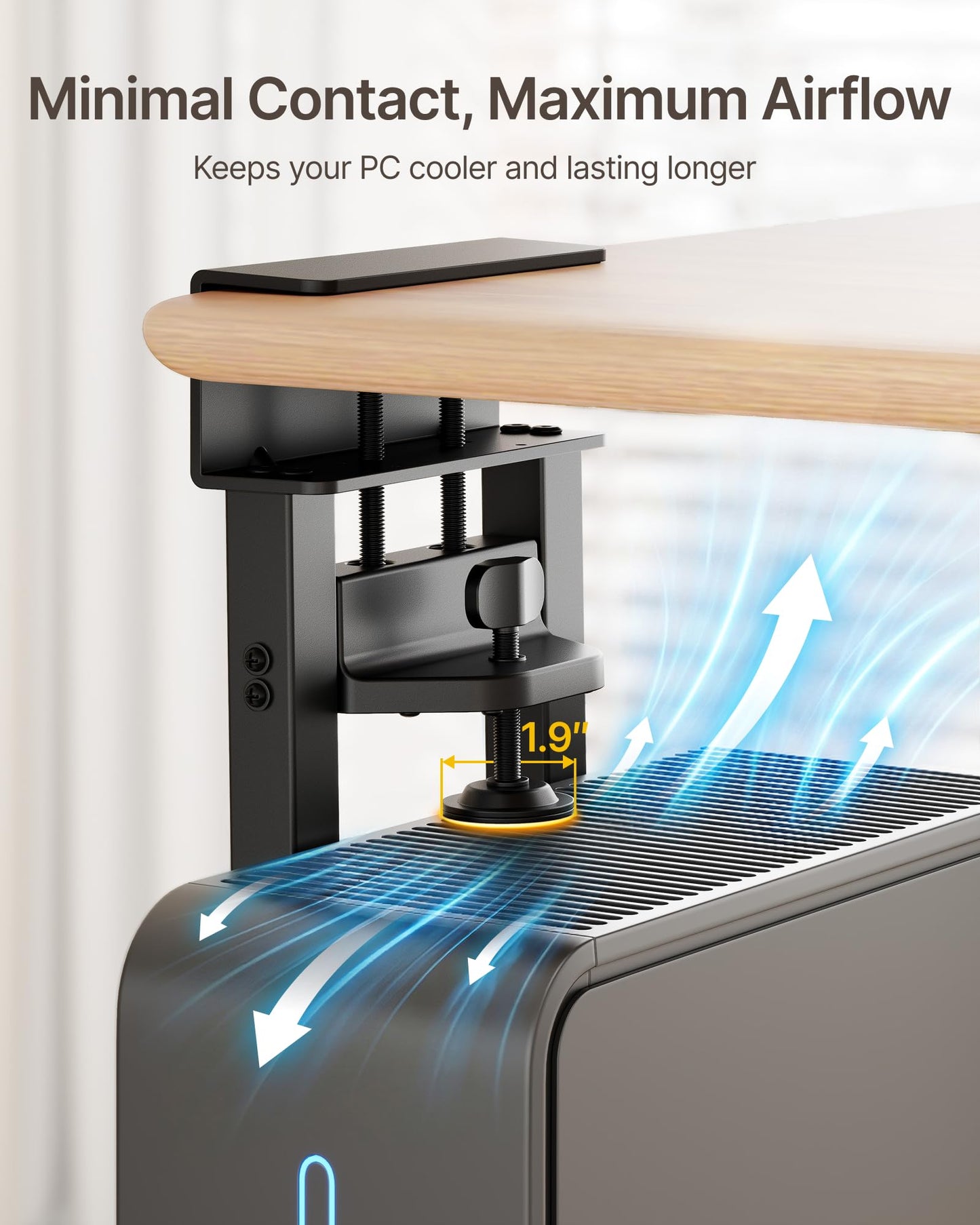 monTEK No Drill Under Desk PC Mount, Clamp-On Heavy Duty CPU Holder with Ventilated Cooling Design for Standing Desk & Home Office, Fits Most PC Cases 16.1"-25.6" (H), 66 lbs, Black