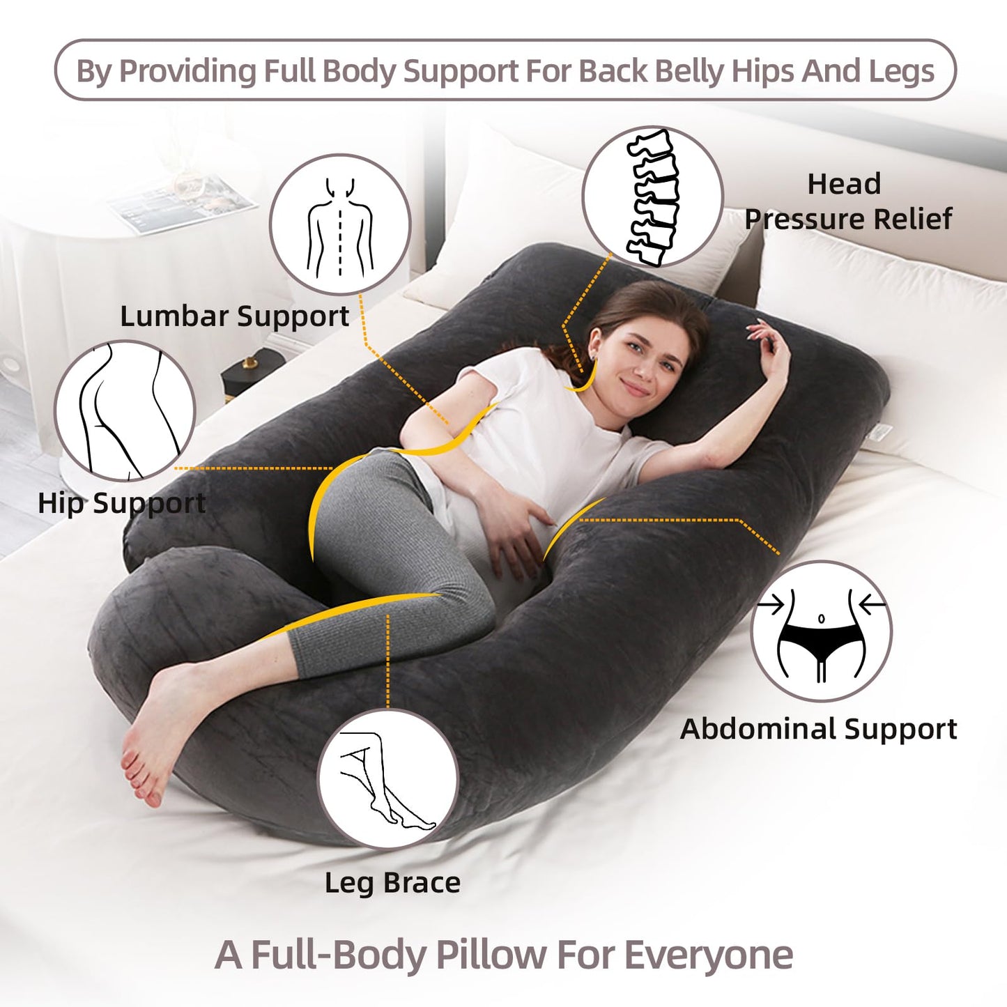 HychYAYA 60 Inch Full Body Pregnancy Pillows for Sleeping Cooling Pregnancy Pillow,U Shaped Pregnancy Body Pillow,Maternity Pillows for Pregnant Women with Removable Washable Velvet Cover.(Black)