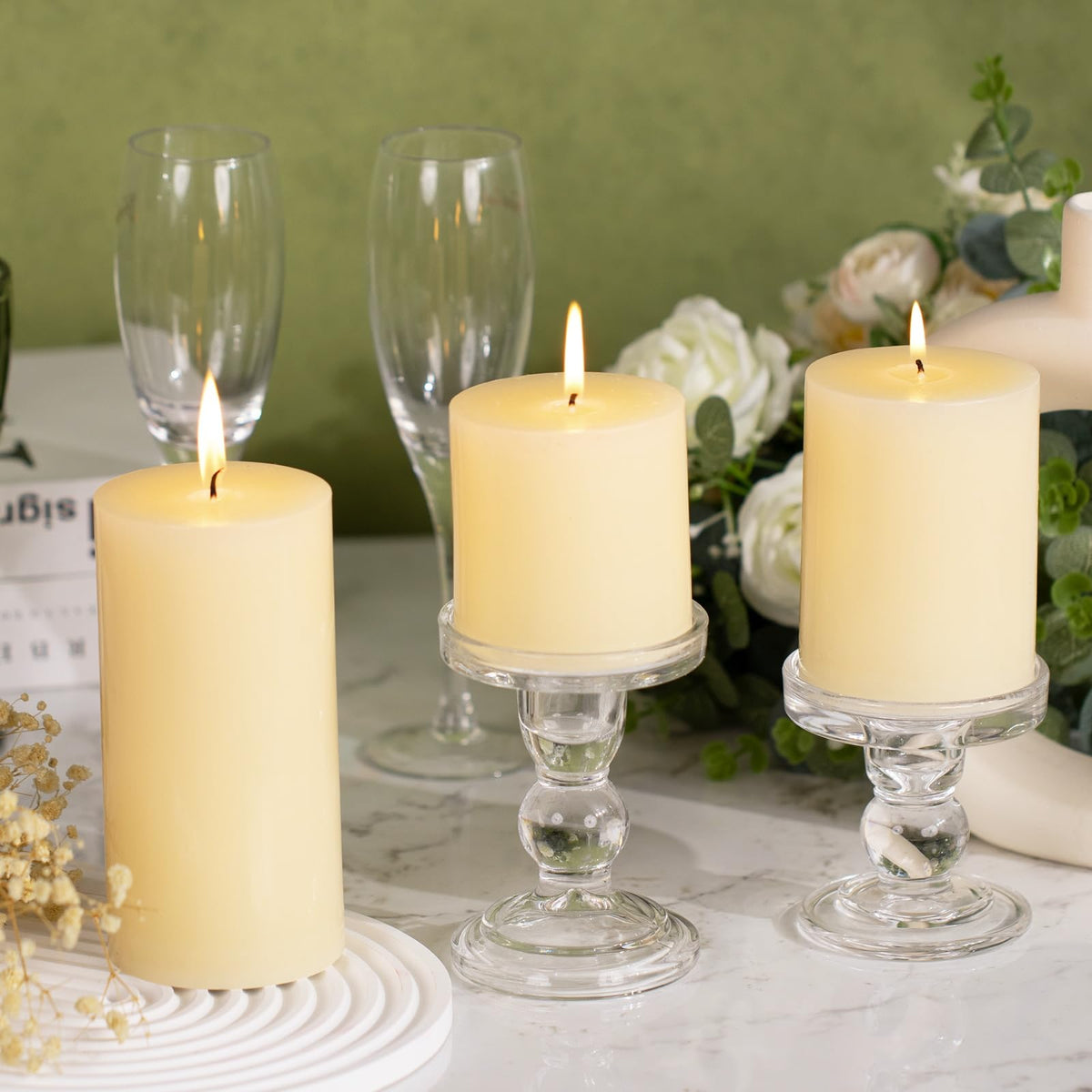 KONNI Ivory Pillar Candles Set of 3, 3"x 3" Unscented Pillar Candles Bulk, 30 Hours Long Burning Candles, Smokeless&Dripless Large Round Candle for Wedding, Home Decoration, Parties, Spas, Dinner