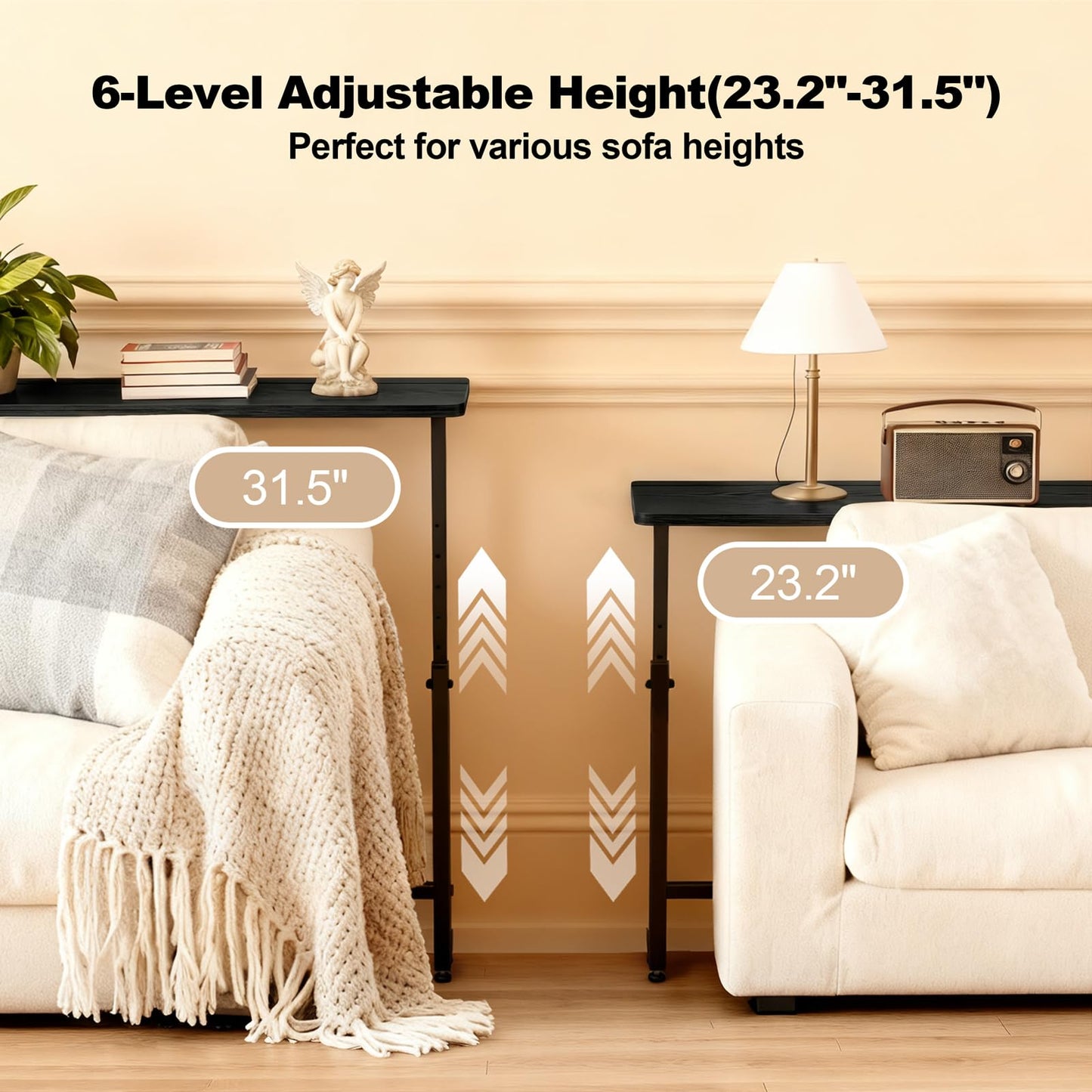 Faesun 33.5 Inch Behind Couch Table, 24"-32" Adjustable Height Range, Behind The Couch Table with Outlet, Adjustable Console Table, Narrow Long Sofa Table, for Living Room, Small Black