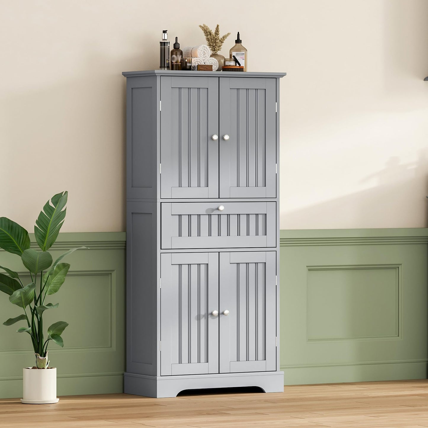ChooChoo 51" H Tall Bathroom Floor Cabinet, Modern Bathroom Storage Cabinet with Drawer and Adjustable Shelves, Freestanding Kitchen Pantry Cupboard with 4 Doors for Living Room, Grey