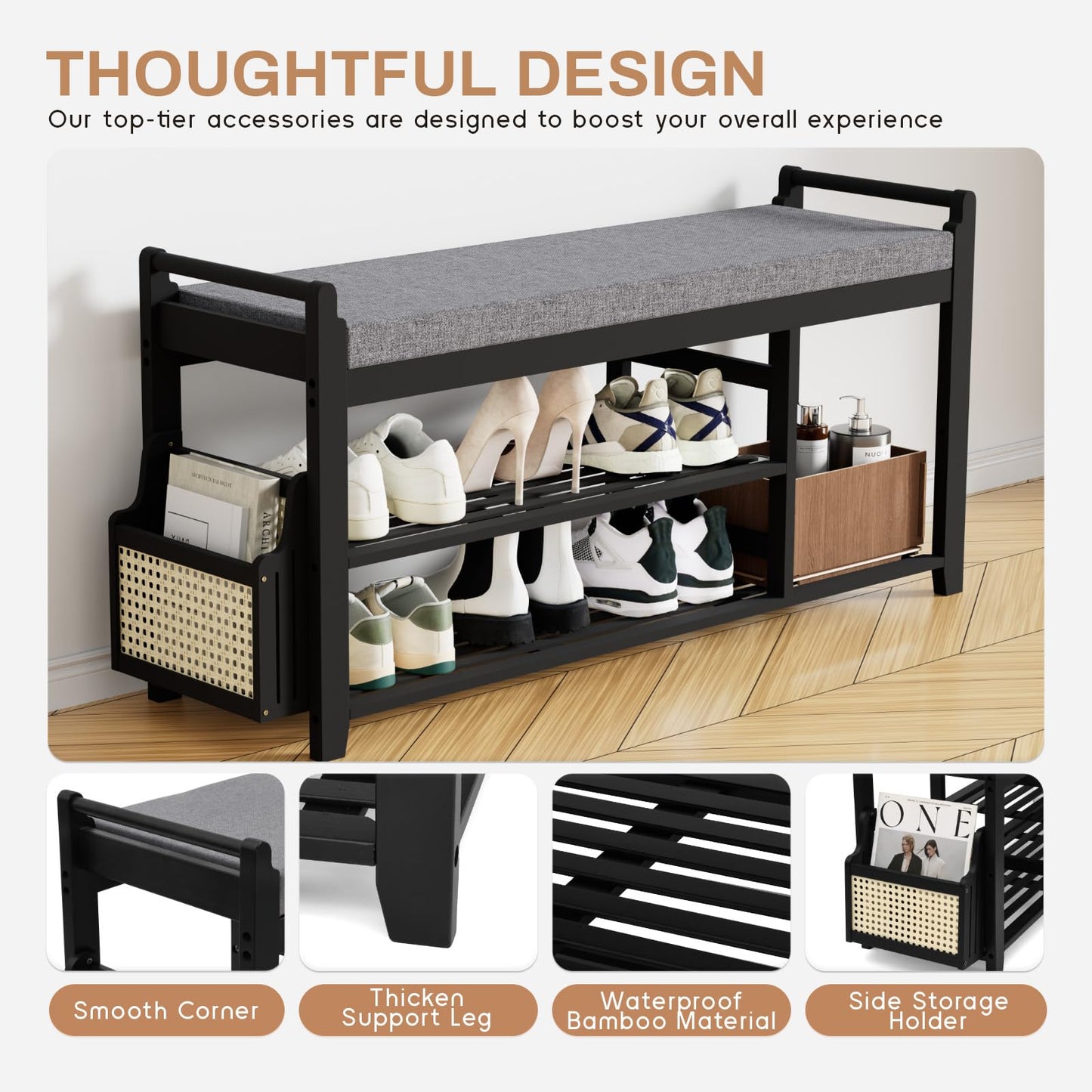 Homaxy 2-Tier Shoe Rack Bench with Side Holder, 39.4 in Bamboo Entryway Bench, Shoe Rack Organizer with Cushion for Front Entrance, Hallway Living Room Bedroom, Black and Dark Grey