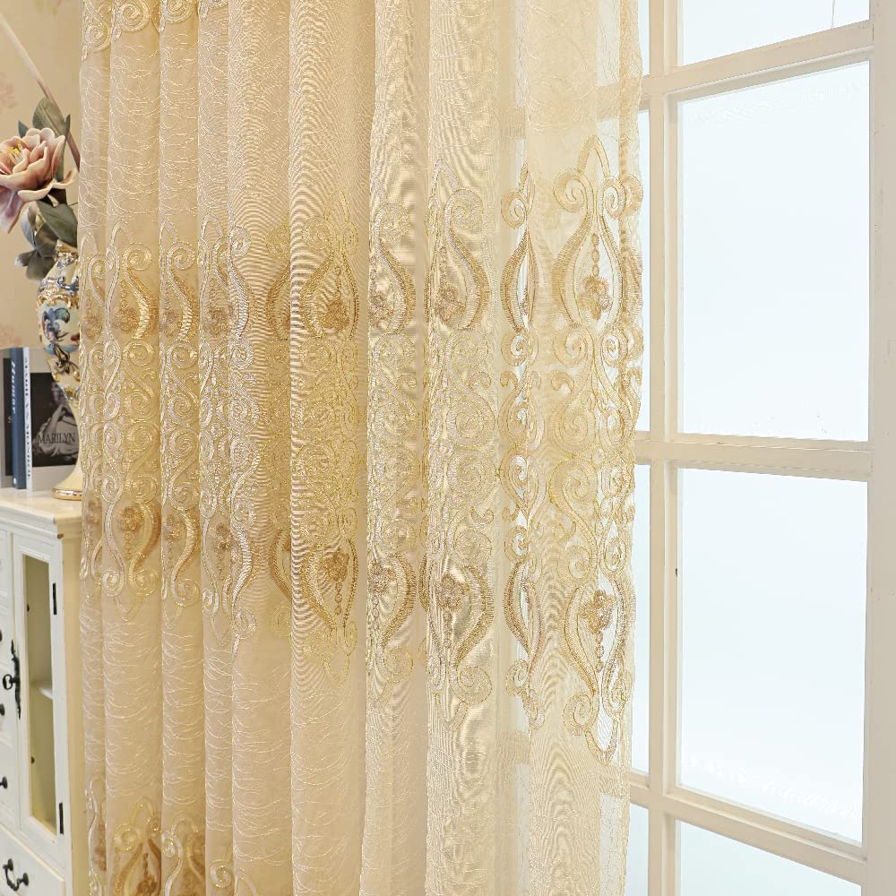 Amidoudou 1 Pair European Jacquard Sheer Curtains Embroidered Tulle Curtains Living Room Bedroom Luxury Translucent Curtains (Gold,37x84 Inch)