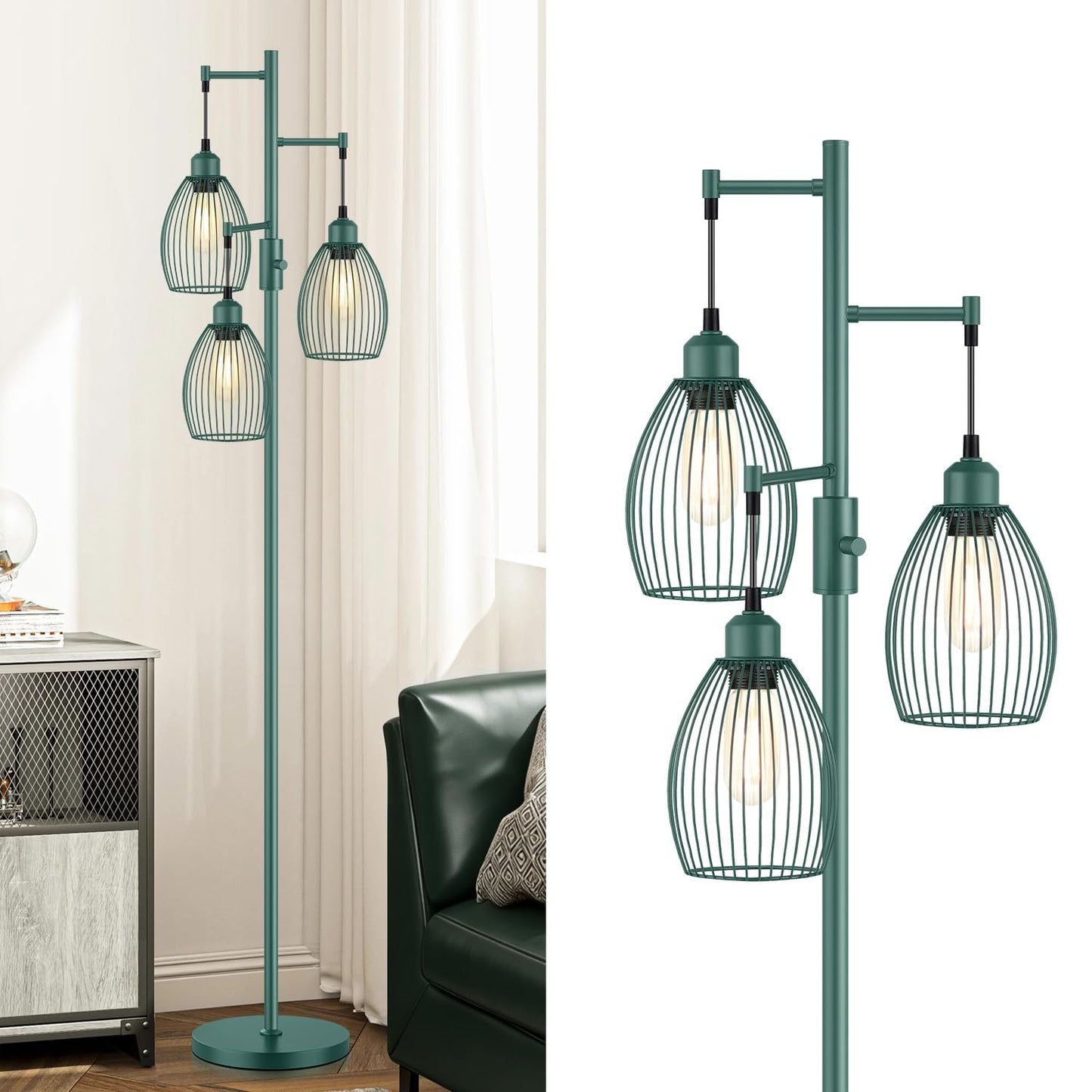 Dimmable Floor Lamp, Industrial Floor Lamps for Living Room, Green Tree Lamp Standing Lamp Tall Lamps with 3 Elegant Teardrop Cage Head & 800 Lumens LED Bulbs for Living room Bedroom Dining Room