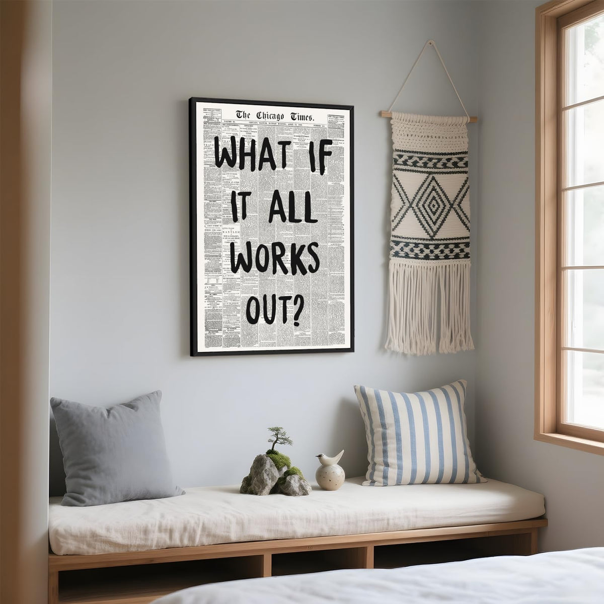 Framed What If It All Works Out Wall Art Black and White Retro Newspaper Poster Positive Motivational Canvas Print Painting Inspirational Quote Picture Wall Decor for Office Home Bedroom Dorm 8x12inch