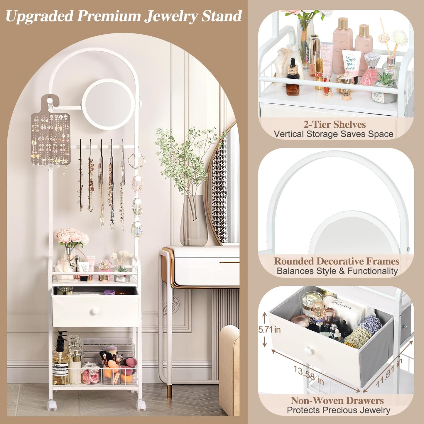 Keebofly Floor Jewelry Organizer with Adjustable Mirror, 67.52" Tall Jewelry Display Stand with 6 Acrylic Earring Necklace Pegboards, Mobile Jewelry Tower with Large Storage Drawer for Women