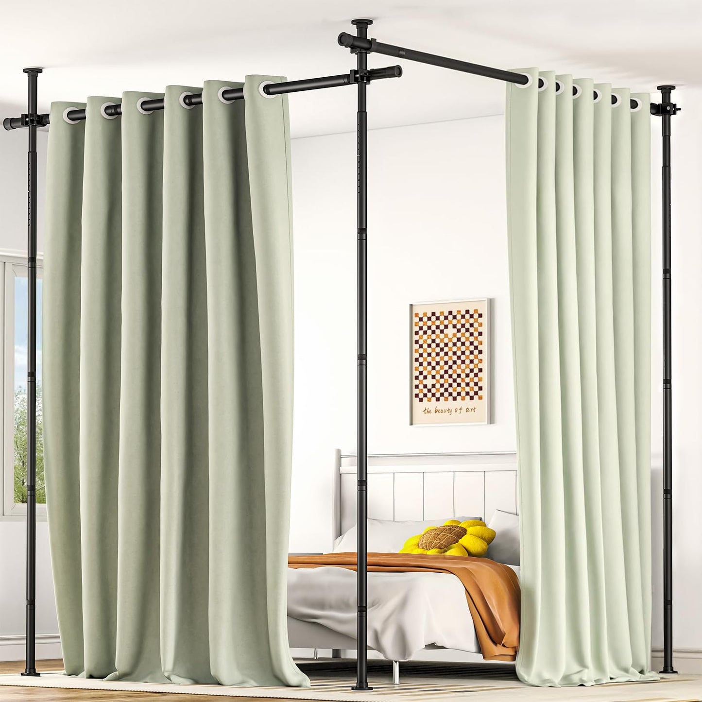 AKTOP Room Divider, No Drilling Curtain Tension Rods Wall Divider for Room Separation, 4-10ft(H) 30-147"(W) Adjustable, Heavy Duty Floor to Ceiling Space Separator Privacy Dividers for Rooms, Black
