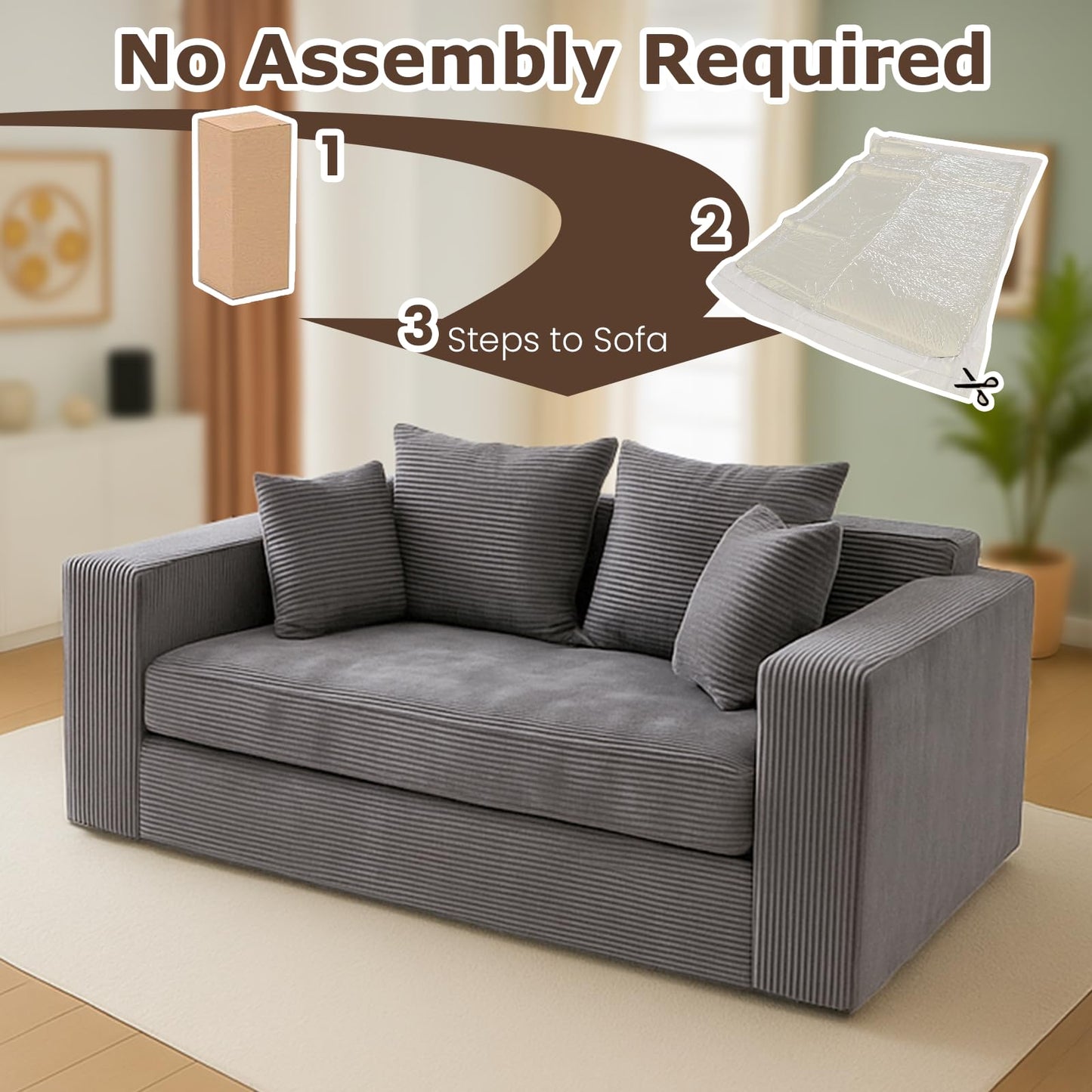 cidludto Convertible Sofa Bed, 3 in 1 Loveseat Folding Couch Bed Foldable - Boneless Couch & Floor Futon, Corduroy Pull Out Sofa Bed with 4 Pillows for Living Room, Grey