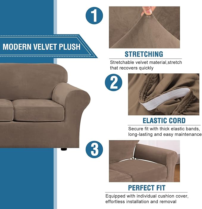 H.VERSAILTEX High Stretch Sofa Slipcover 4 Piece Cover Velvet Furniture