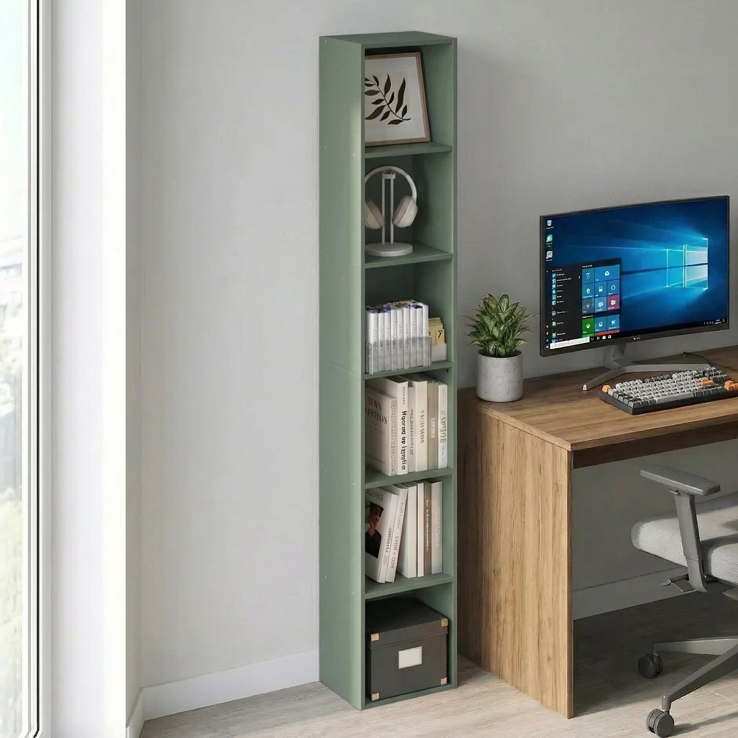 Furinno LUDER Book Shelf, 6-Tier Tall Modern Bookshelf, Bookcase with Open Shelving, Floor Standing Shelves, 9.3 x 12 x 71, for Living Room, Bedroom, Home Office, Sage Green