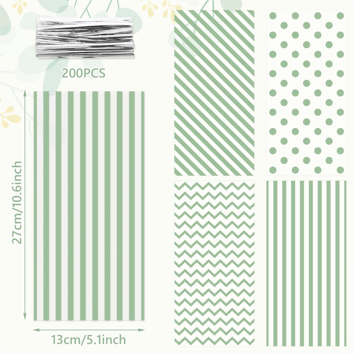 Whaline 160 Pcs Sage Green Cellophane Treat Bags Stripe Wave Dot Plastic Gift Bags Candy Goodie Bag with Twist Ties for Wedding Baby Shower Birthday Party Cookie Snack Packing Supplies, 5.1 x 10.6 Inch