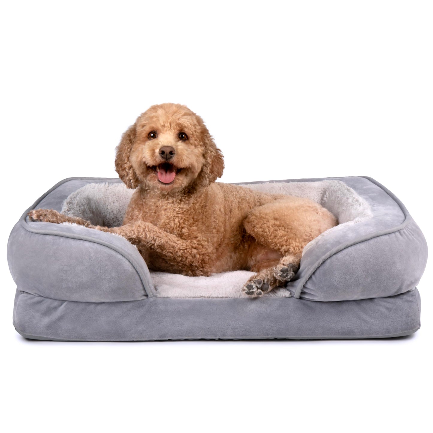 Furhaven Cooling Gel Dog Bed for Medium/Small Dogs w/ Removable Bolsters & Washable Cover, For Dogs Up to 35 lbs - Plush & Velvet Waves Perfect Comfort Sofa - Granite Gray, Medium