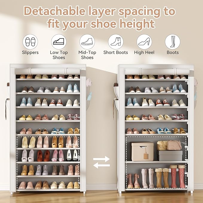 LANTEFUL Shoe Rack with Covers 10 Tier Tall Shoe Rack Organizer Large Capacity
