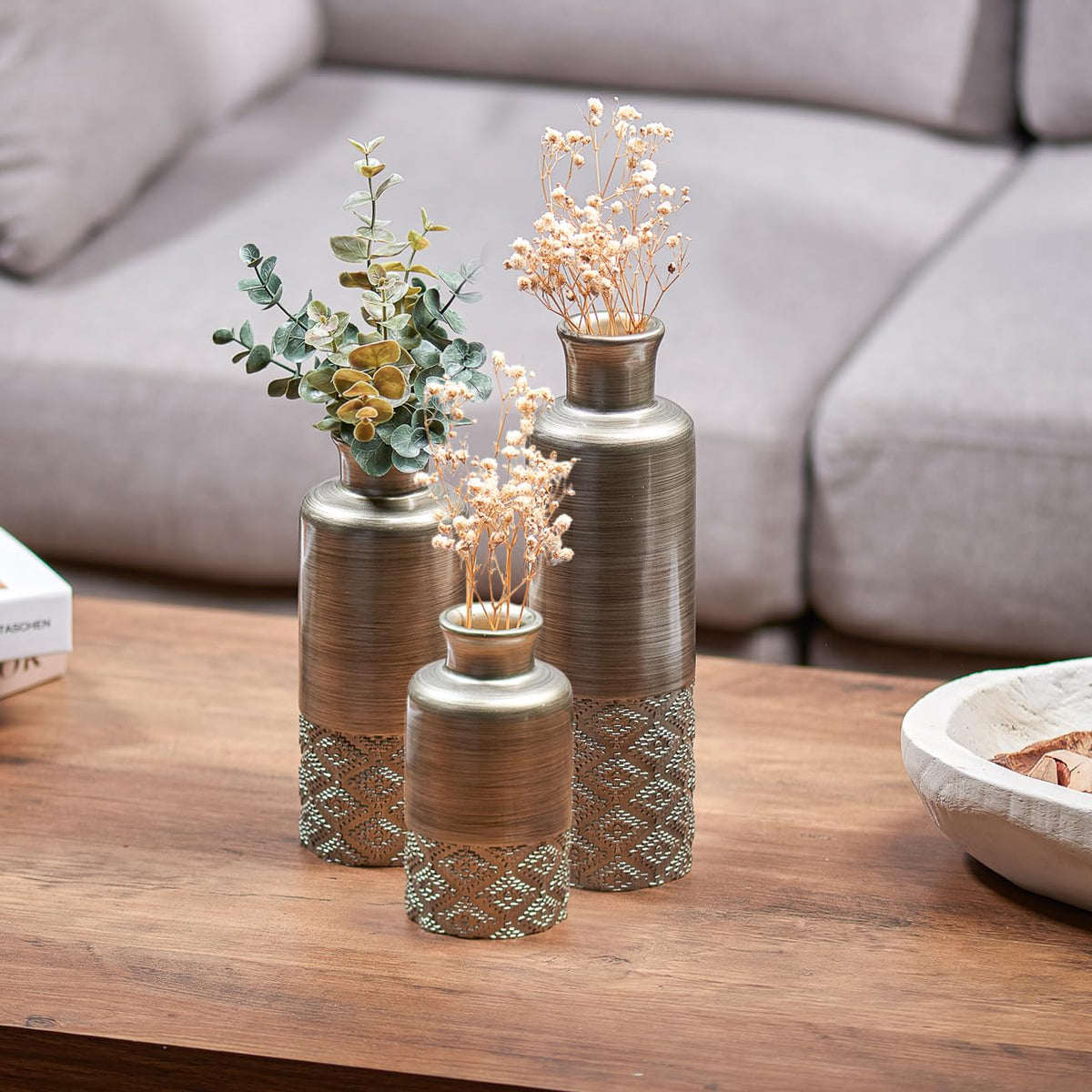 Creative Scents Dublin Silver Vases - Set of 3 Vases for Flowers, Decorative Vases, Farmhouse Decor, Premium Décor, Centerpiece Table Decorations for Your Kitchen, Bedroom, Office, Living Room