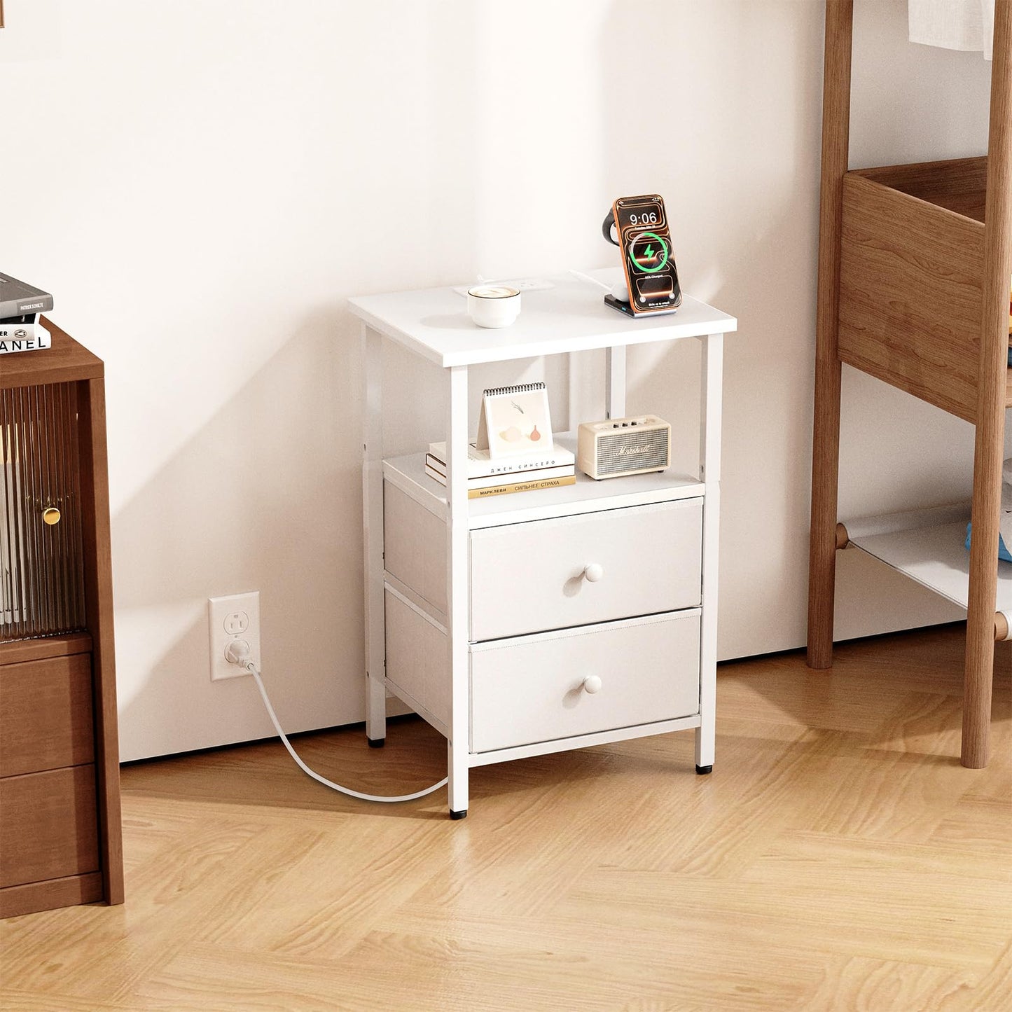 Smoproper Nightstand with Charging Station, Bedside End Table with 2 Fabric Drawers for Bedroom, Side Table with USB Ports and Outlets (White)