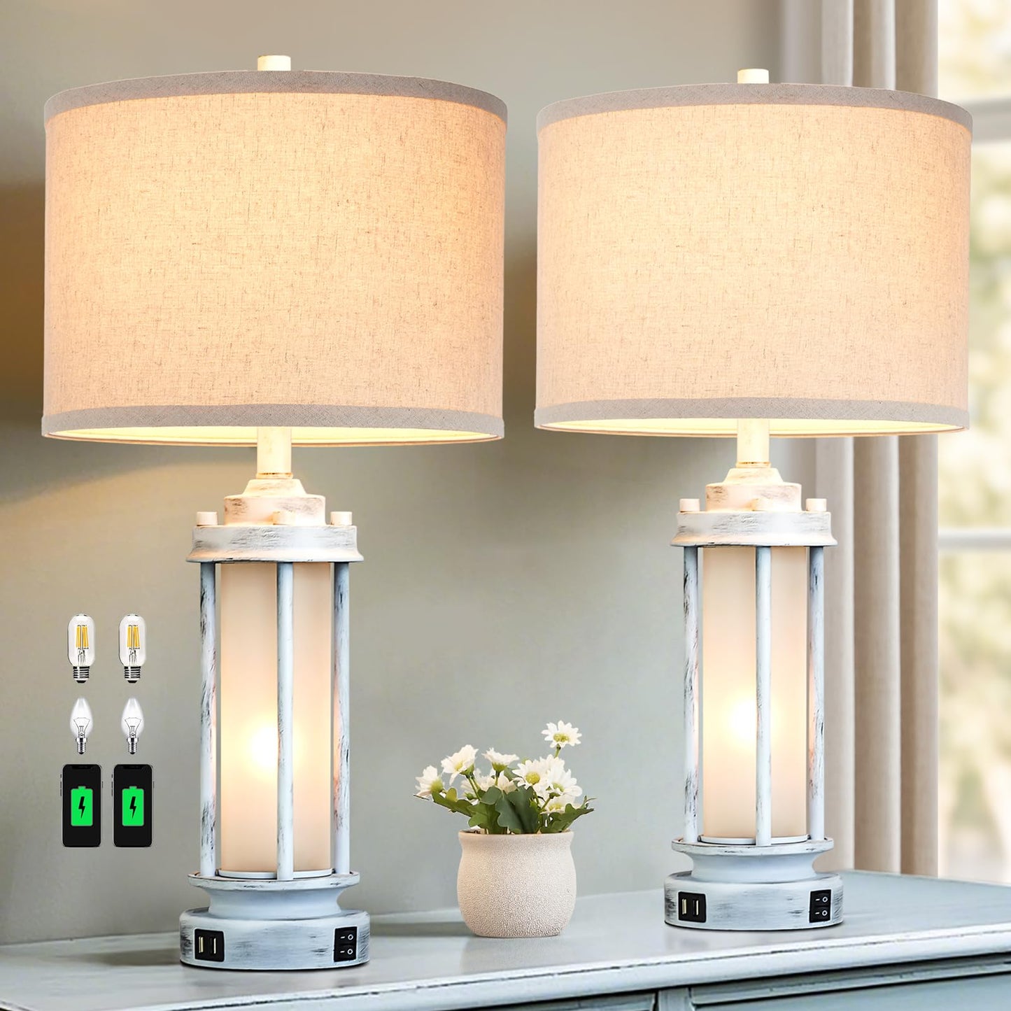 AIEAMPDO 25" Set of 2 Antique White Rustic Table Lamps 2 USB C+A Ports