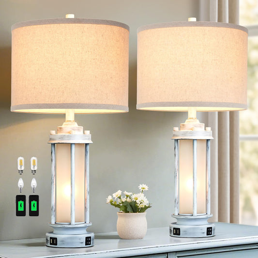 AIEAMPDO 25" Set of 2 Antique White Rustic Table Lamps 2 USB C+A Ports
