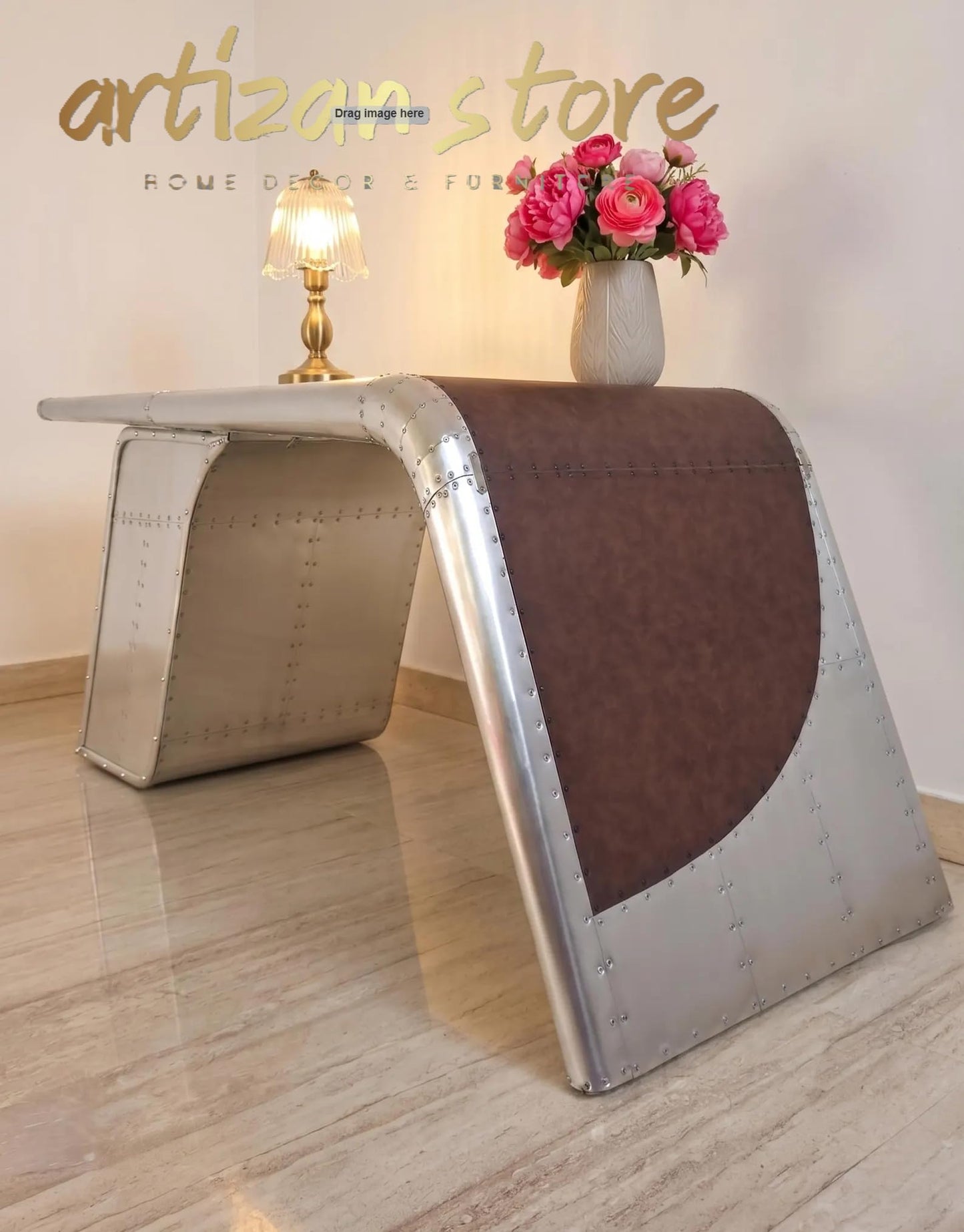 ARTIZANSTORE Industrial Aviator Wing Desk Handcrafted Aluminum Style with Leather Top Finish Office Furniture 68"
