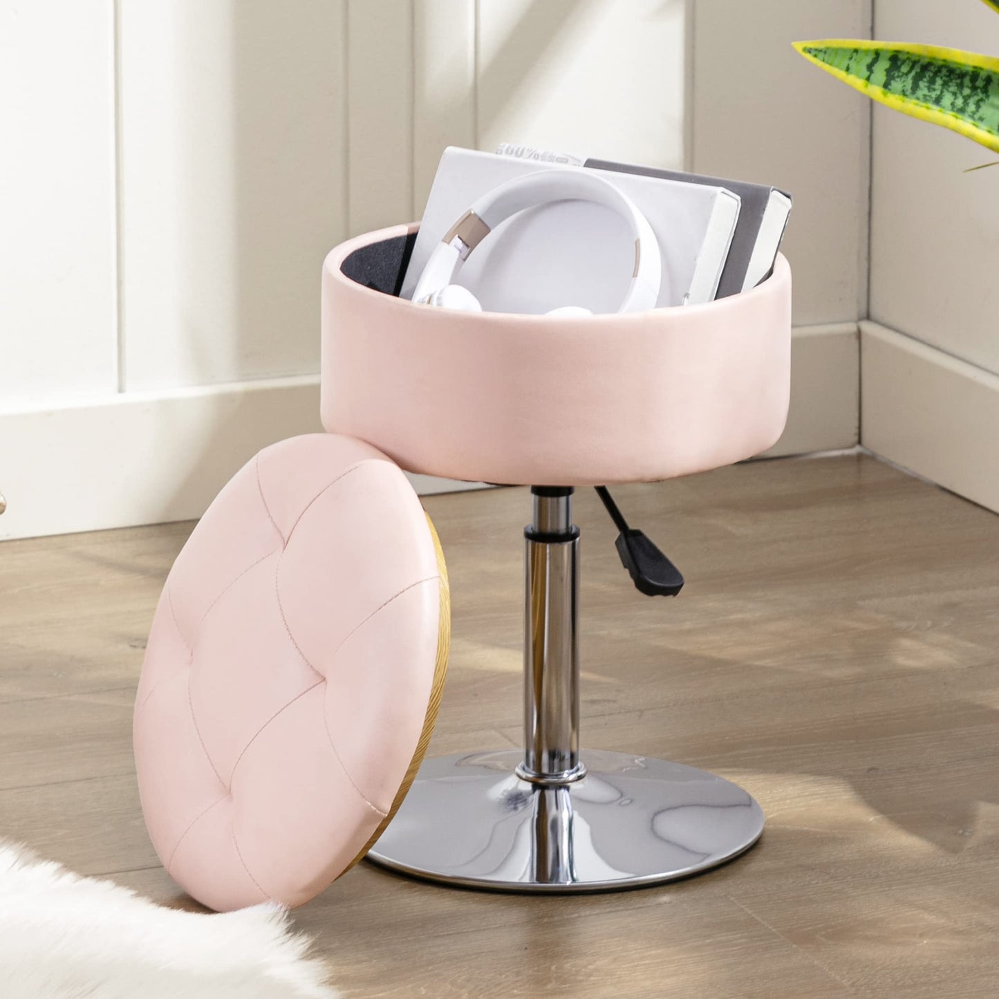 LUE BONA 360°Swivel Vanity Stool Chair for Makeup Room, Height Adjustable Stool for Vanity with Storage, Small Pink Faux Leather for Bathroom, Living Room