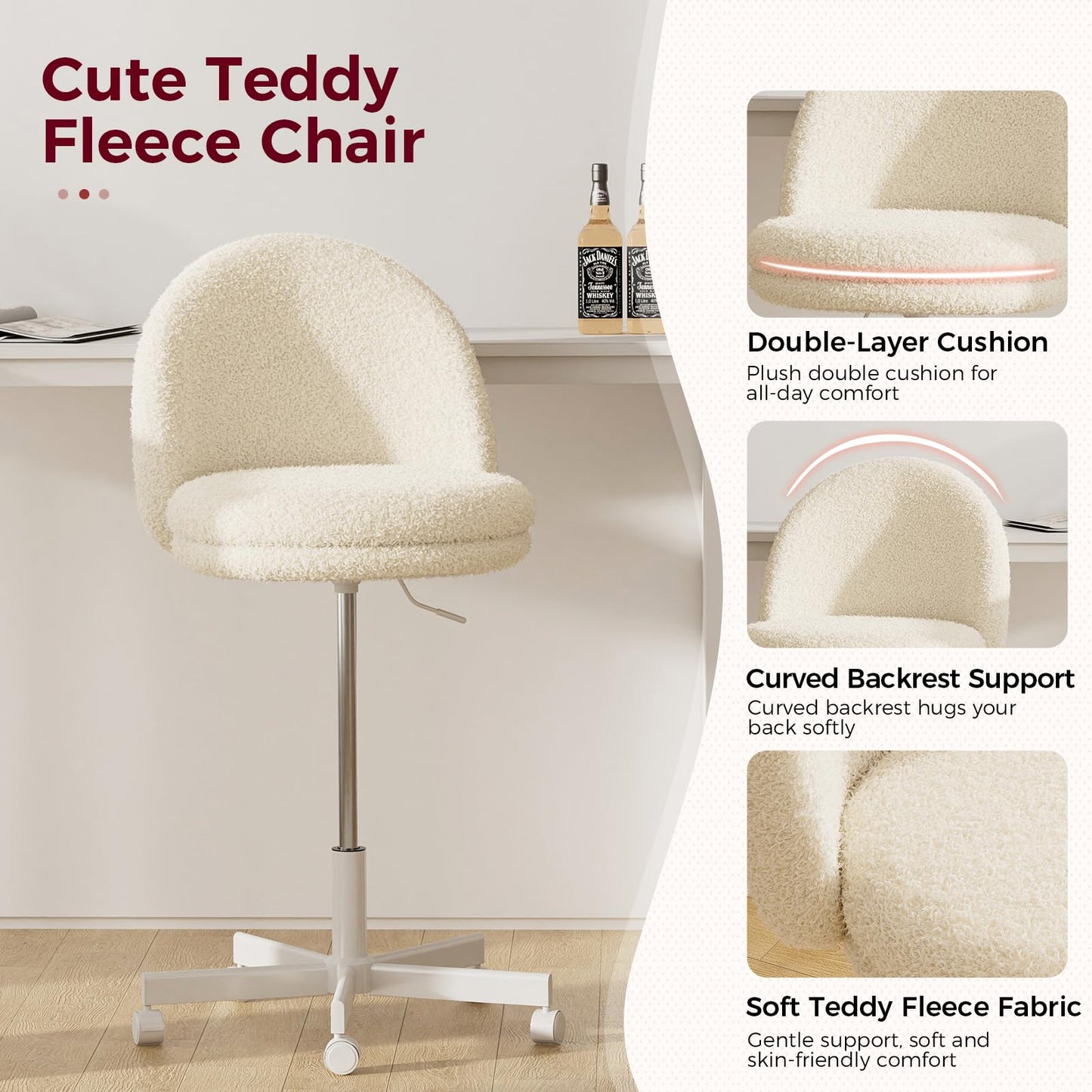 GTPLAYER Velvet Tall Office Chair with Wheels Vanity Chairs with Back, Versatile Height Use: Office to Bar Stools Small Ergonomic Comfy Armlees Computer Desk Chair with Bow Lumbar Pillow for Gift