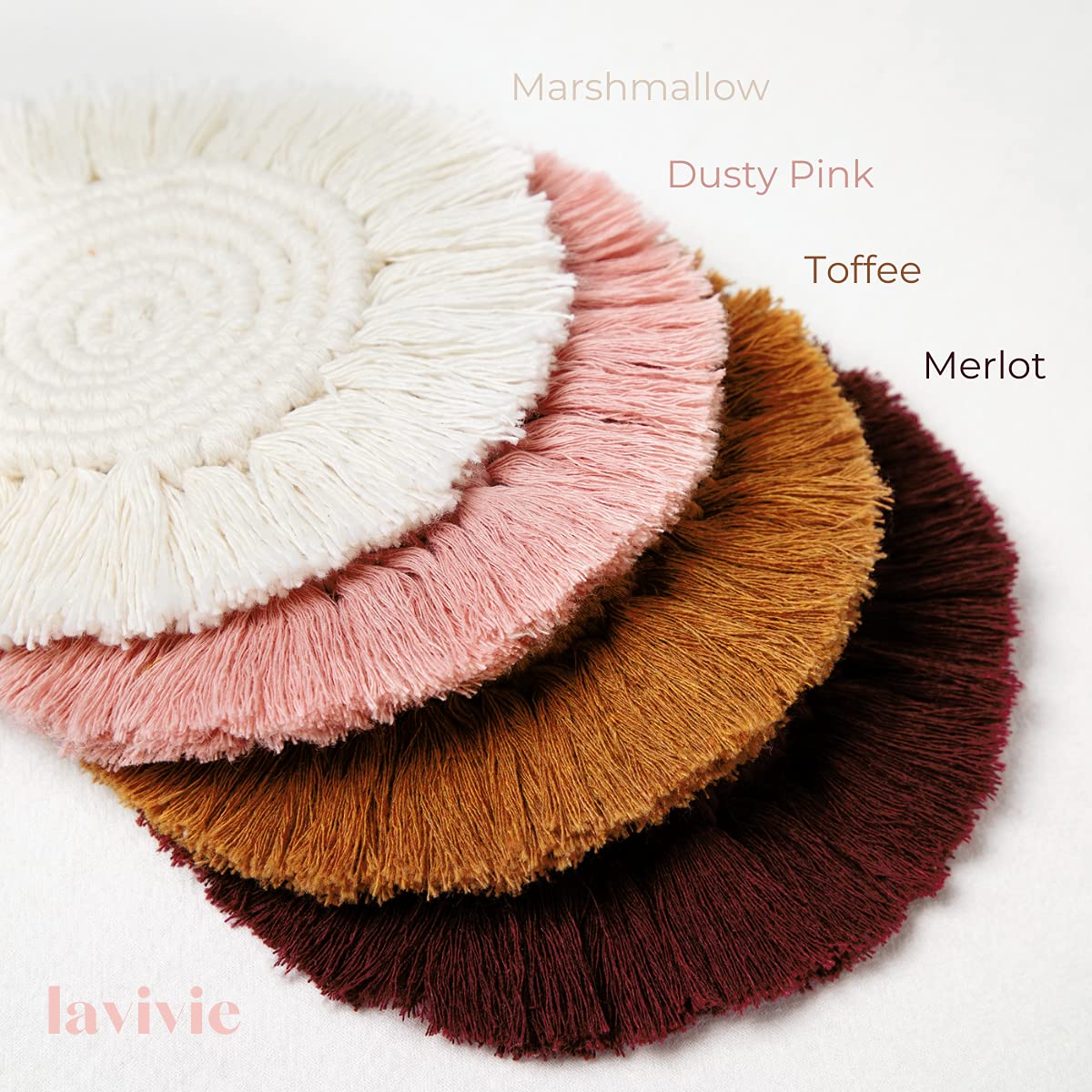 lavivie Macrame Coasters Woven Boho Handmade Absorbent Placemats, for Desk Table Kitchen Dining Room Drink Picnic Housewarming Home Decor Rattan Wicker Bamboo1 (Marshmallow (Set of 2))