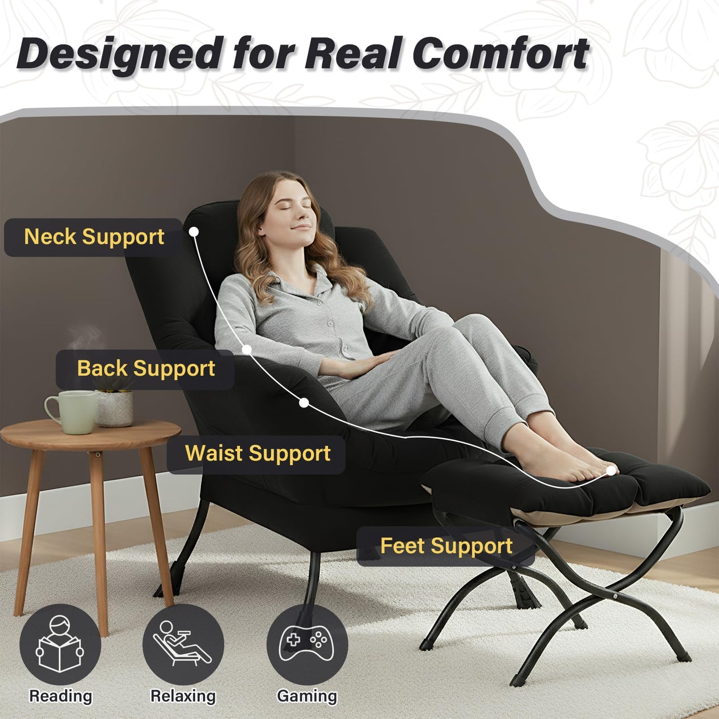 Givjoy Lazy Chair and Ottoman, Black Velvet Large Accent Chair with a Side Pocket, Modern Leisure Upholstered Sofa Reading Armchair with Footrest for Office, Bedroom, Living Room, Dorm Rooms, Balcony