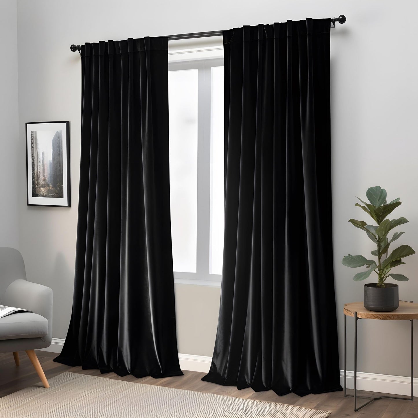 Aljctns Black Velvet Curtains 90 inches Long Luxury Blackout Curtains for Bedroom Living Room,Thermal Insulated Super Soft Window Drapes Rod Pocket & Back Tab, 52" W x 90" L, 2 Panels