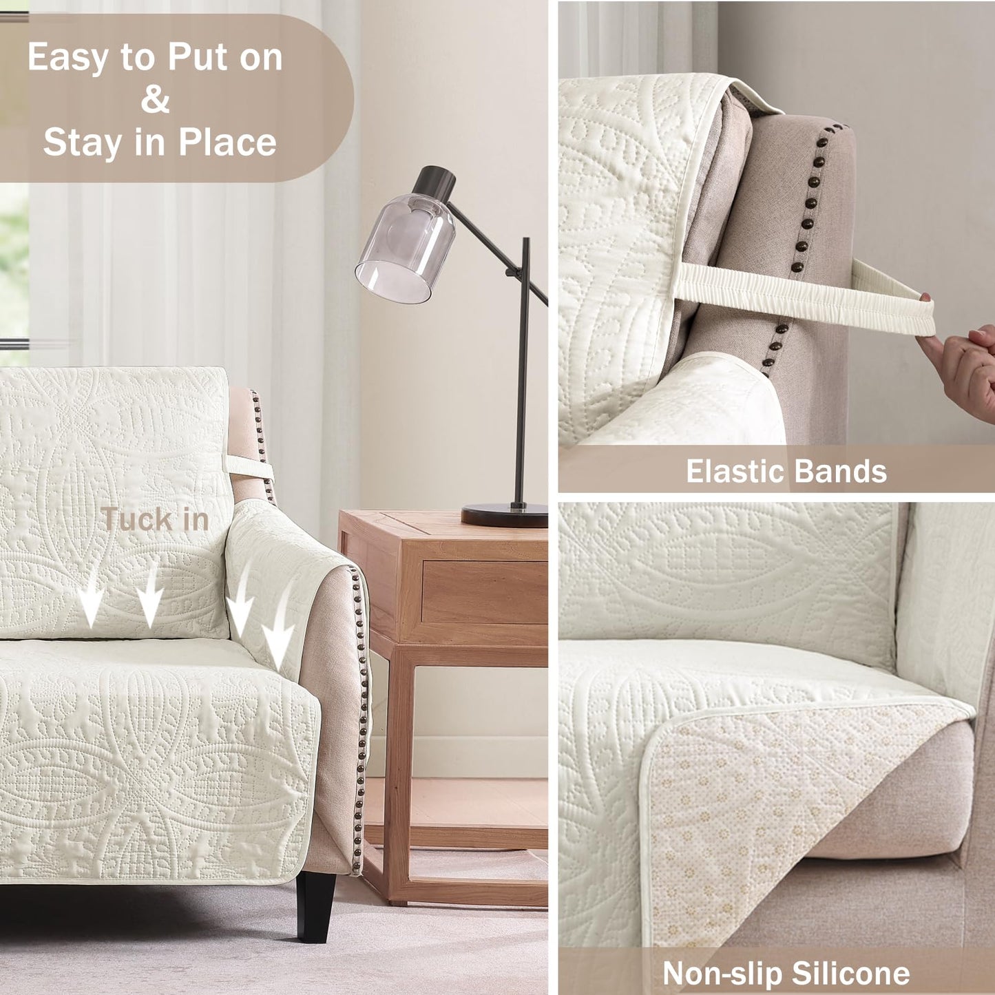 Pamhaven Ivory Recliner Chair Covers, Quilted Décor Water-Repellent Medium Lazy Boy Chair Covers, Pet Friendly Recliner Cover for Dogs Cats, Washable Couch Cover (Recliner 26", Ivory White)