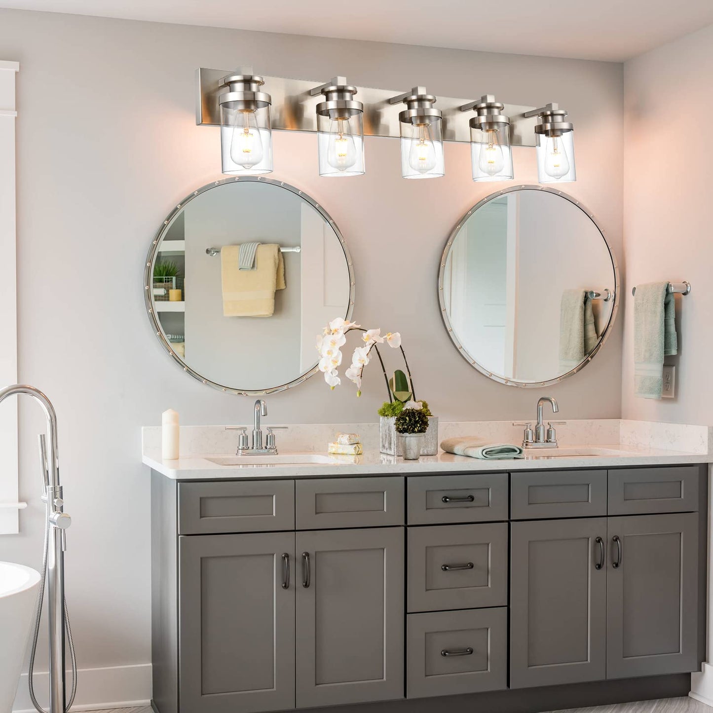 BONLICHT Transitional 5 Light Brushed Nickel Metal Base Wall Mount Lights with Clear Glass Shade Interior Modern Bathroom Vanity Lighting Fixture for Kitchen Corridor Dressing Table Powder Room