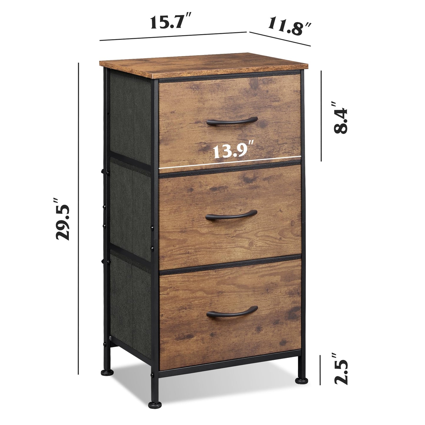 WLIVE Dresser with 3 Drawers, Fabric Nightstand, Organizer Storage Dresser for Bedroom, Hallway, Entryway, Closets, Sturdy Steel Frame, Wood Top, Easy Pull Handle, Rustic Brown Wood Grain Print