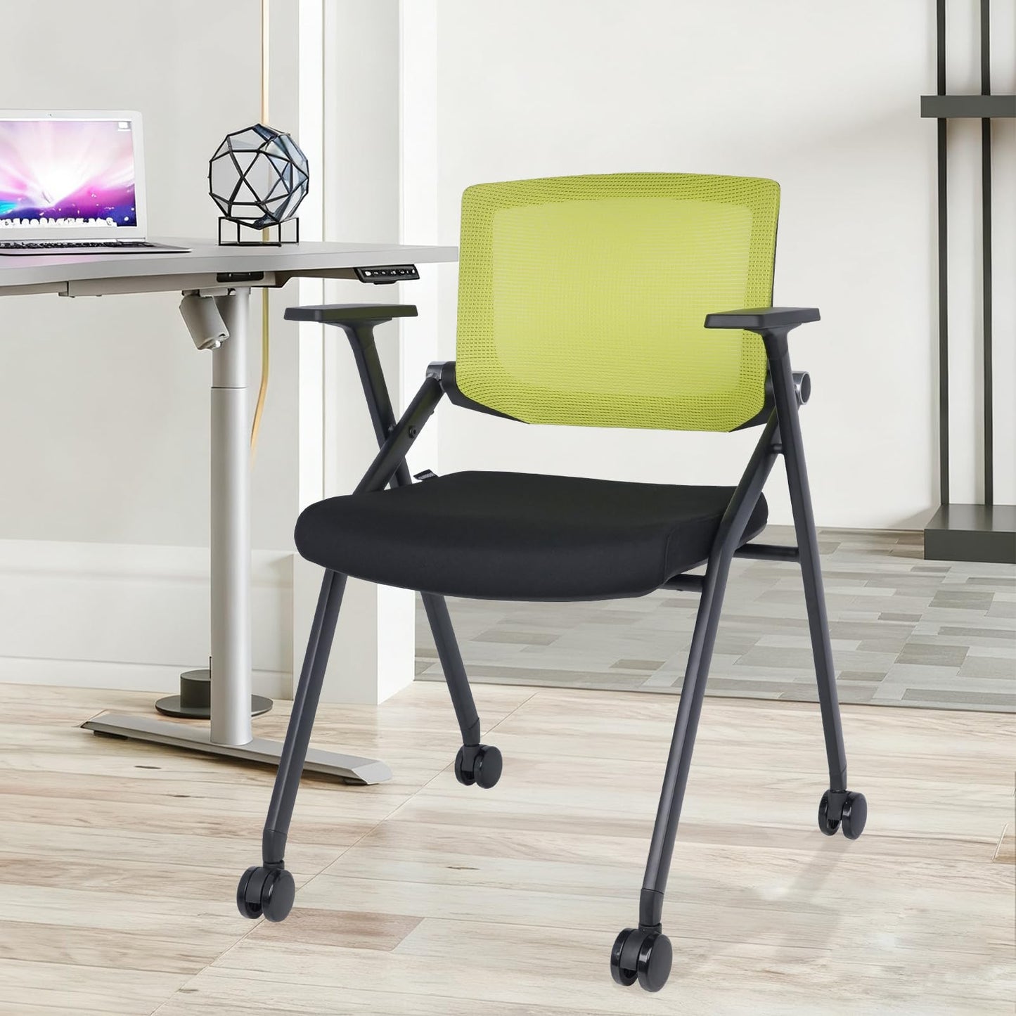 BROBRIYO Upgraded Folding Chair with Wheels and Padded, Ergonomic Mesh Back and Arms for Office, Meetings, Conferences, Receptions, Training Rooms & Folding Office Chairs