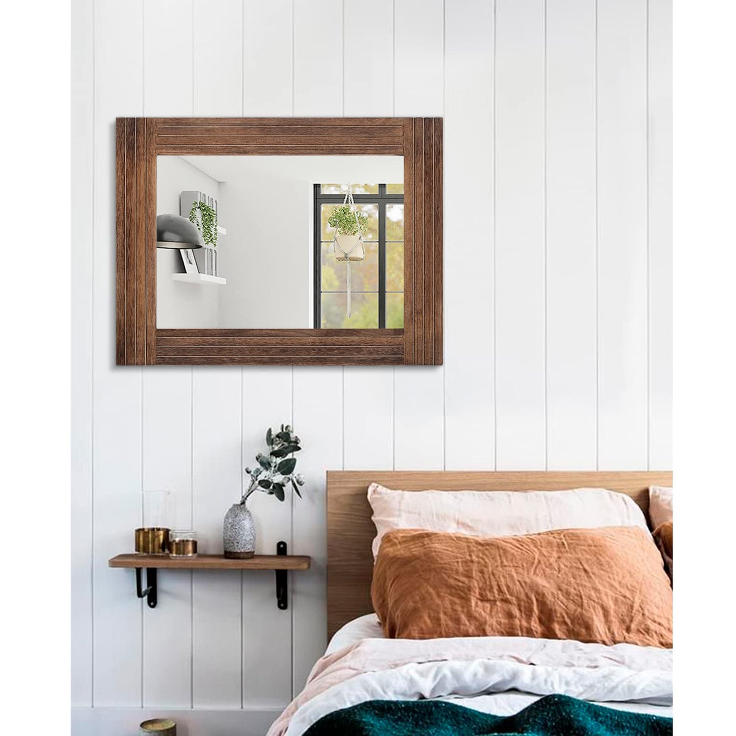 HLFMVWE Rustic Mirror Wooden Rectangular Antique Wall Mirror Frame Decor Farmhouse Bedroom Dresser Bedroom Entryway Mirror Large Brown 26"x18"