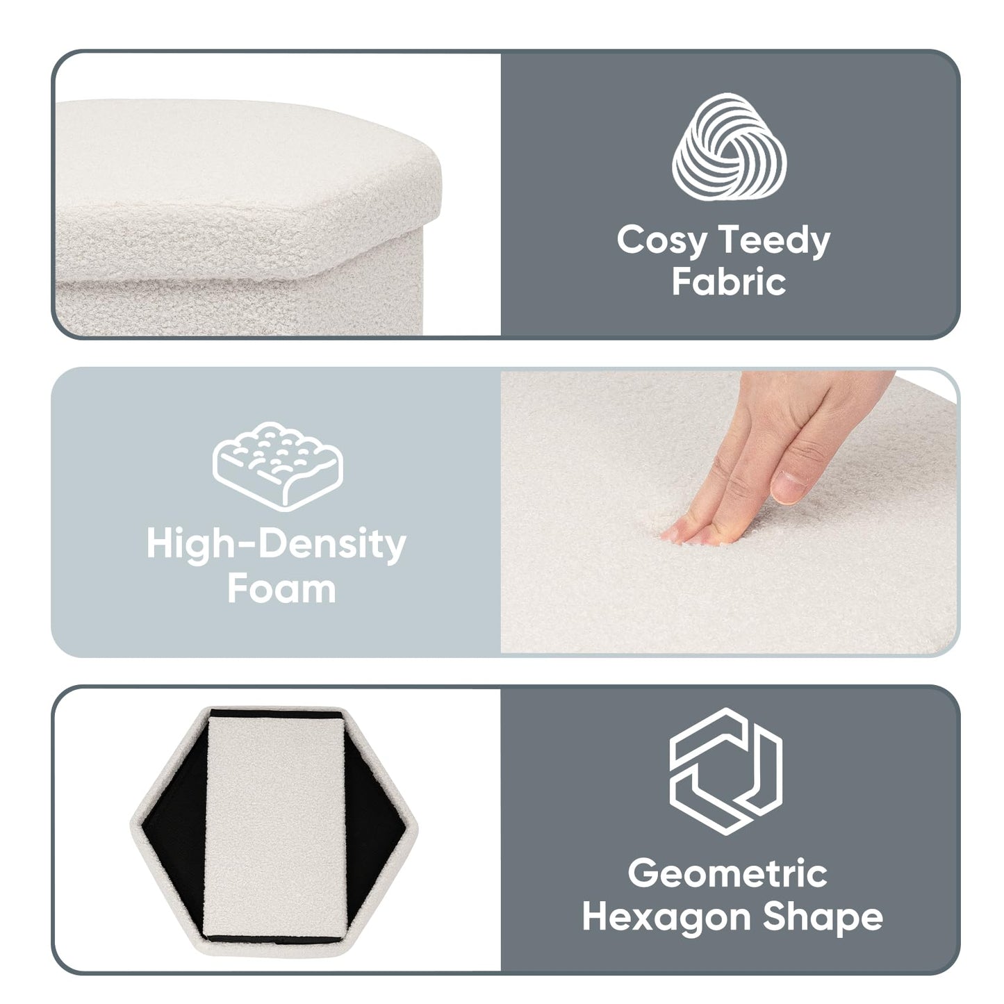 ZOLANOful Hexagon Storage Ottoman, Foldable Boucle Footrest with Hidden Storage, Upholstered Ottoman Footstool for Living Room, Bedroom, Dorm, Entryway, 15 x 16.9 x 15 Inches, White