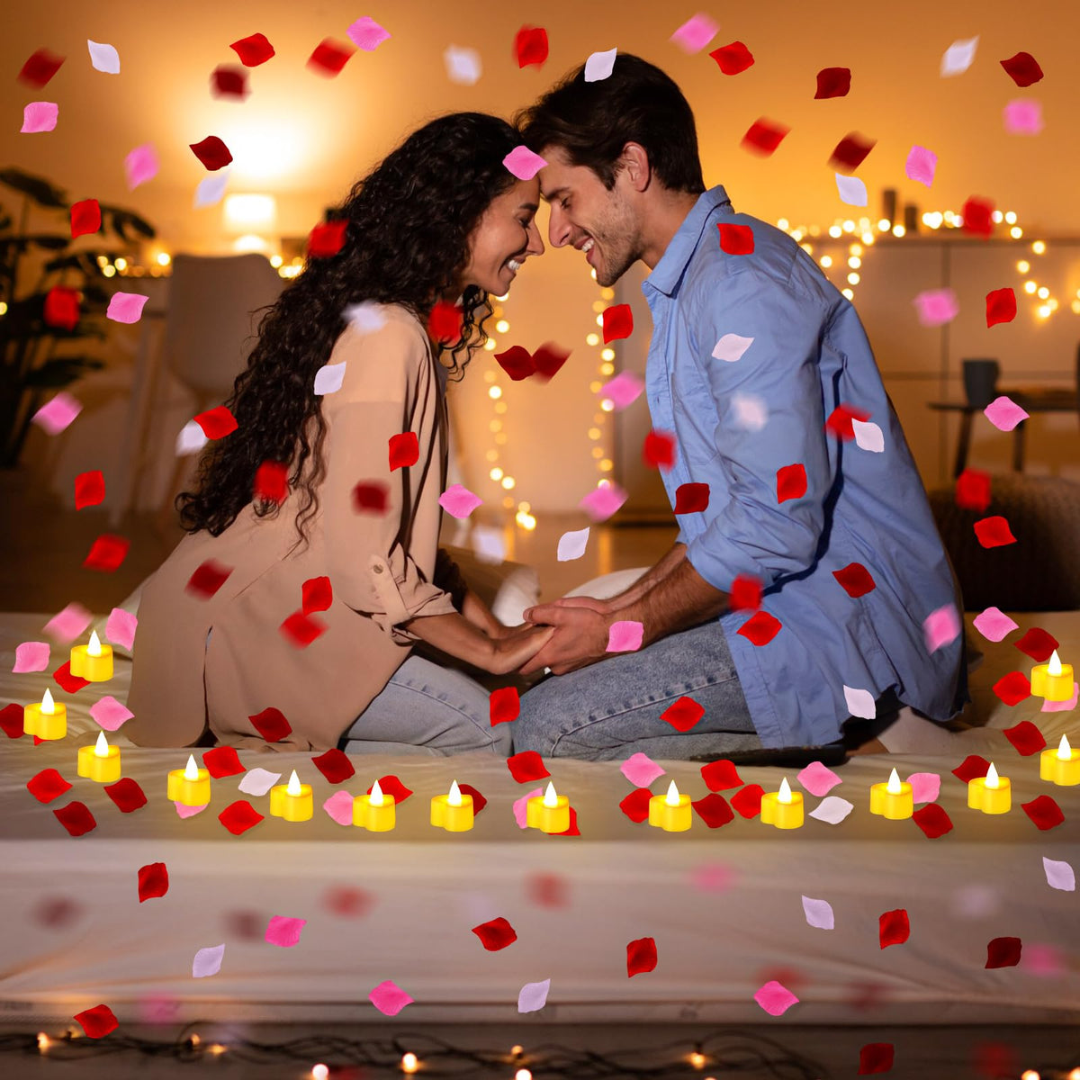 Honoson 1000 Pieces Artificial Rose Petals with 24 Pcs Flameless Heart Shaped LED Tealights Candles Special Romantic Night Decorations for Proposal Wedding Anniversary Table Decor(White with Yellow)