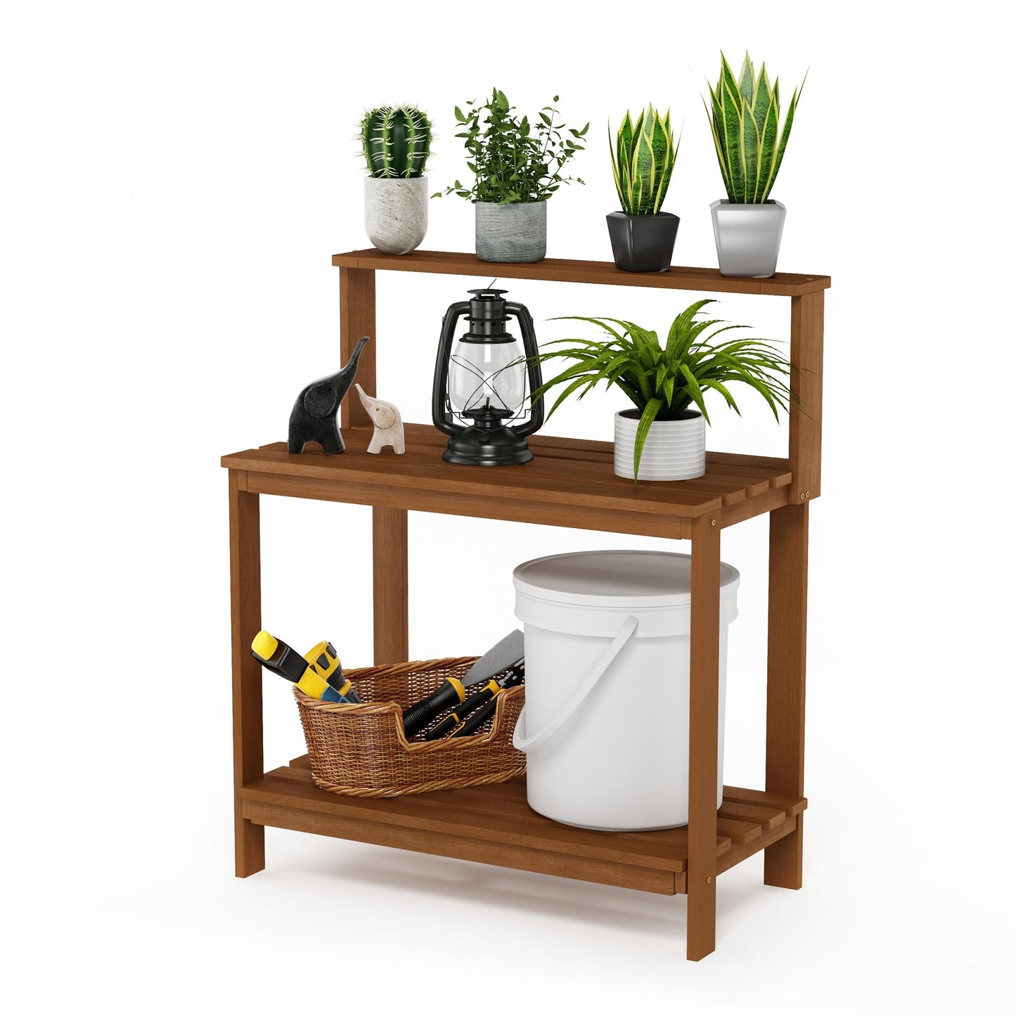 Furinno TIOMAN Potting Bench with Storage, Outdoor Potting Bench Table, Garden Workstation, with Shelves for Gardening, Potting, Planting, Light Wood