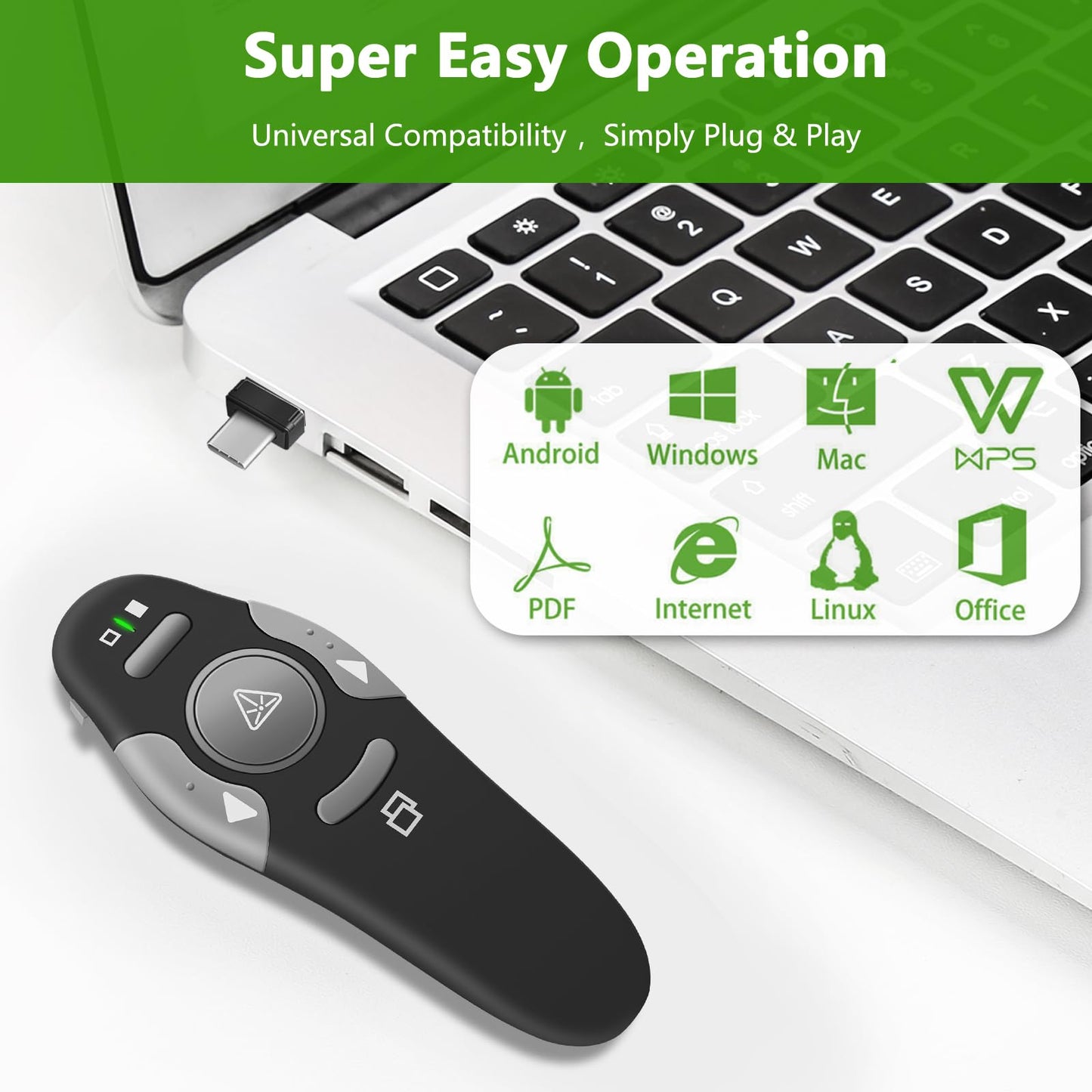 Presentation Clicker Remote, Type C&USB Wireless Presenter, PowerPoint Clicker, Slide Advancer Control for Mac︱ Windows︱ Laptop, Support PPT︱Keynote︱Google Slides