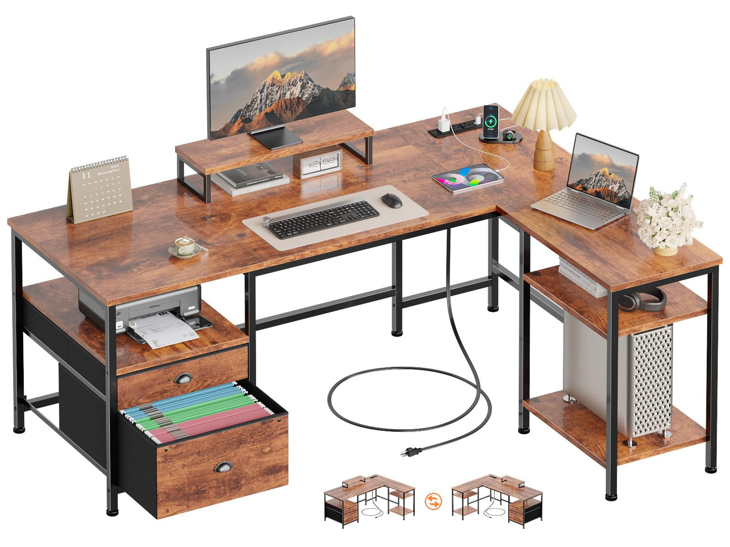 Furologee L Shaped Computer Desk with Power Outlet, Reversible Home Office Desk for Work Study, 50 Inch Corner Gaming Table with File Drawer, Monitor Stand, Storage Shelves, Rustic Brown
