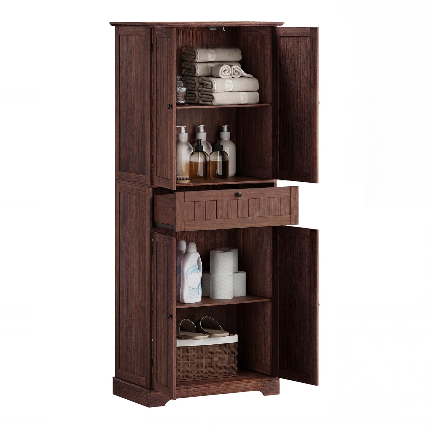ChooChoo 51" H Tall Bathroom Floor Cabinet, Modern Bathroom Storage Cabinet with Drawer and Adjustable Shelves, Freestanding Kitchen Pantry Cupboard with 4 Doors for Living Room, Walnut