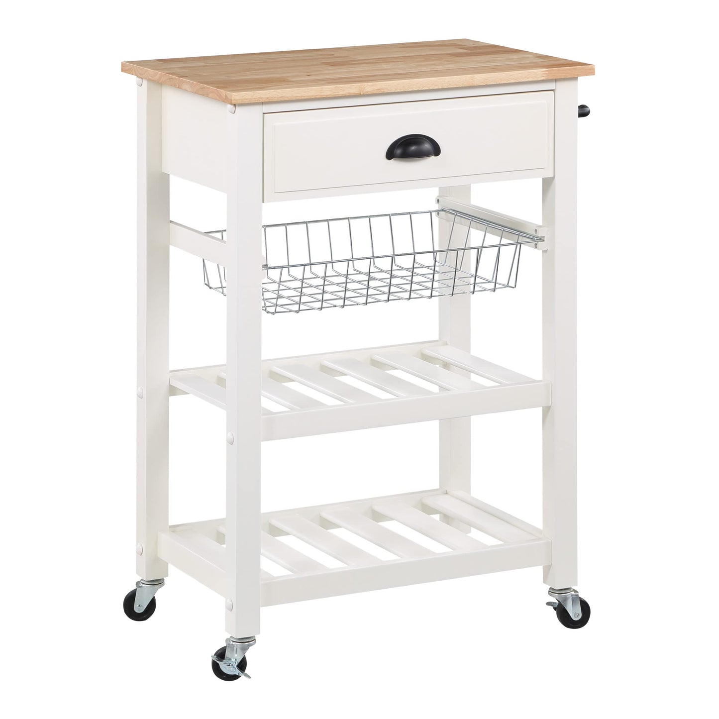 OSP Home Furnishings Hampton Kitchen Cart with Wood Top, Utensil Drawer, Under Cabinet Basket, and 2 Slatted Shelves, White Base