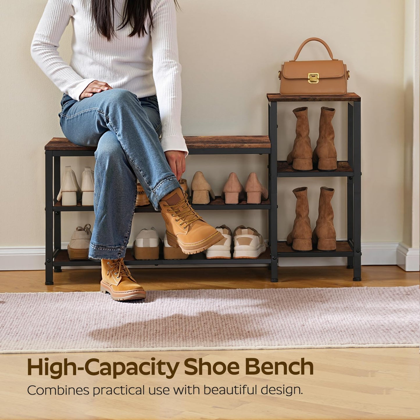 YATINEY 3-Tier Shoe Rack Bench, Wooden Shoe Storage Bench, Industrial Entryway Bench with Storage, Multi-Functional Shoe Rack with Seat for Bedroom, Hallway, Living Room, Rustic Brown and Black HX05BR