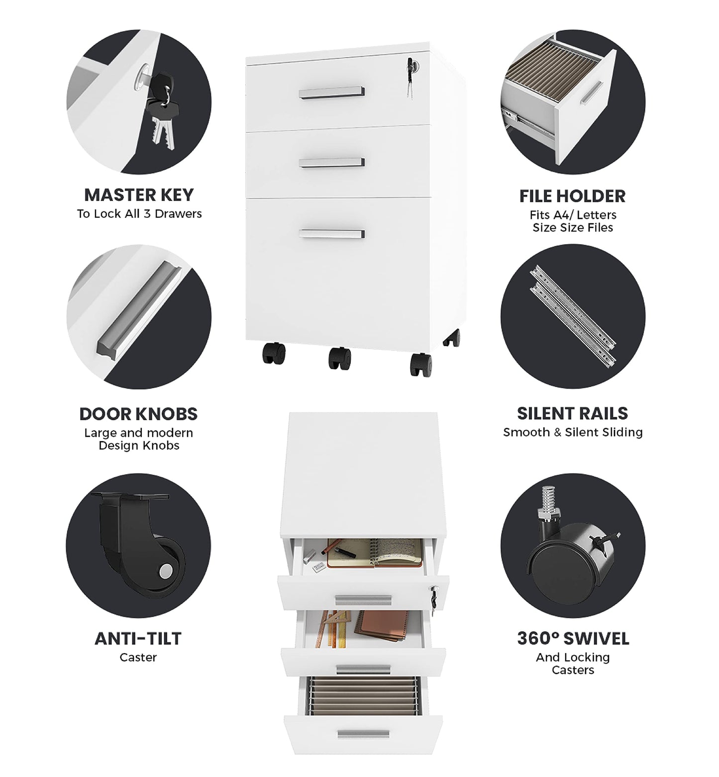 Modern Design Lazio White File Cabinet, Filing Cabinets for Home Office, Drawers for Under Desk, Locking 3 Drawer Rolling Wood File Cabinet with Lock, by Crafts and Comfort